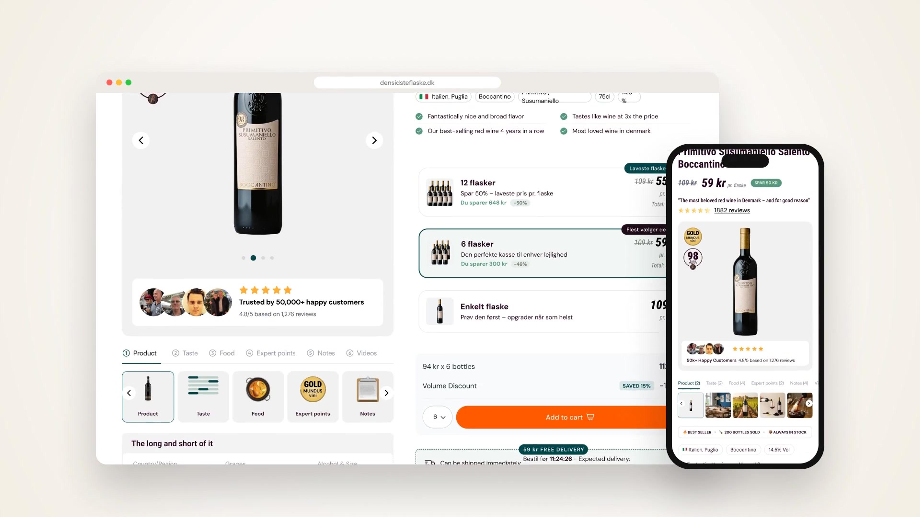 The redesigned wine product page in a browser beside the mobile version on a phone