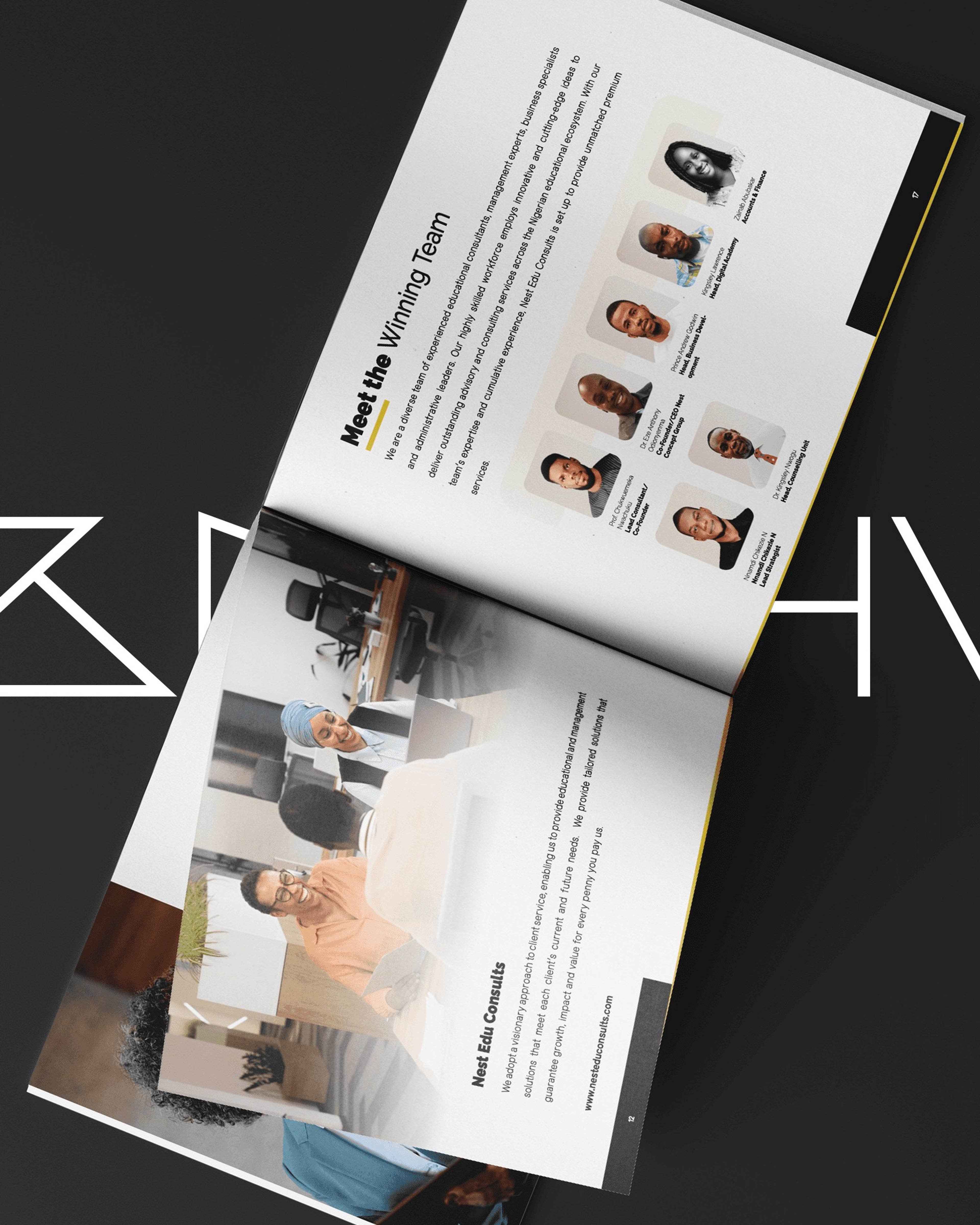 Open brochure spread introducing the team
