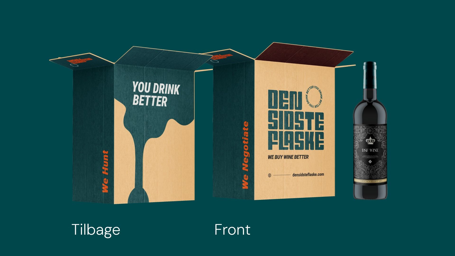 Den Sidste Flaske shipping box, front and back, beside a bottle