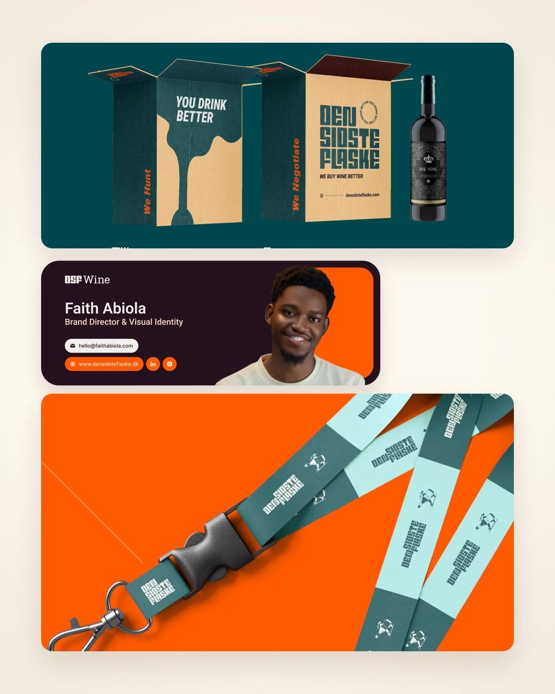 Den Sidste Flaske packaging, t-shirts, lanyard and wine stoppers beside email signatures on warm cream