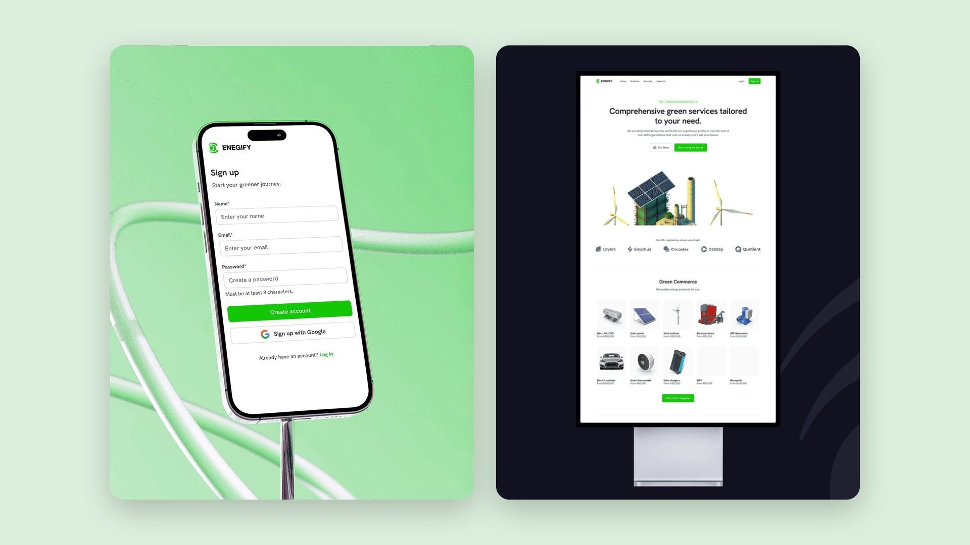Enegify sign-up, dashboard and marketplace screens on phones and a monitor