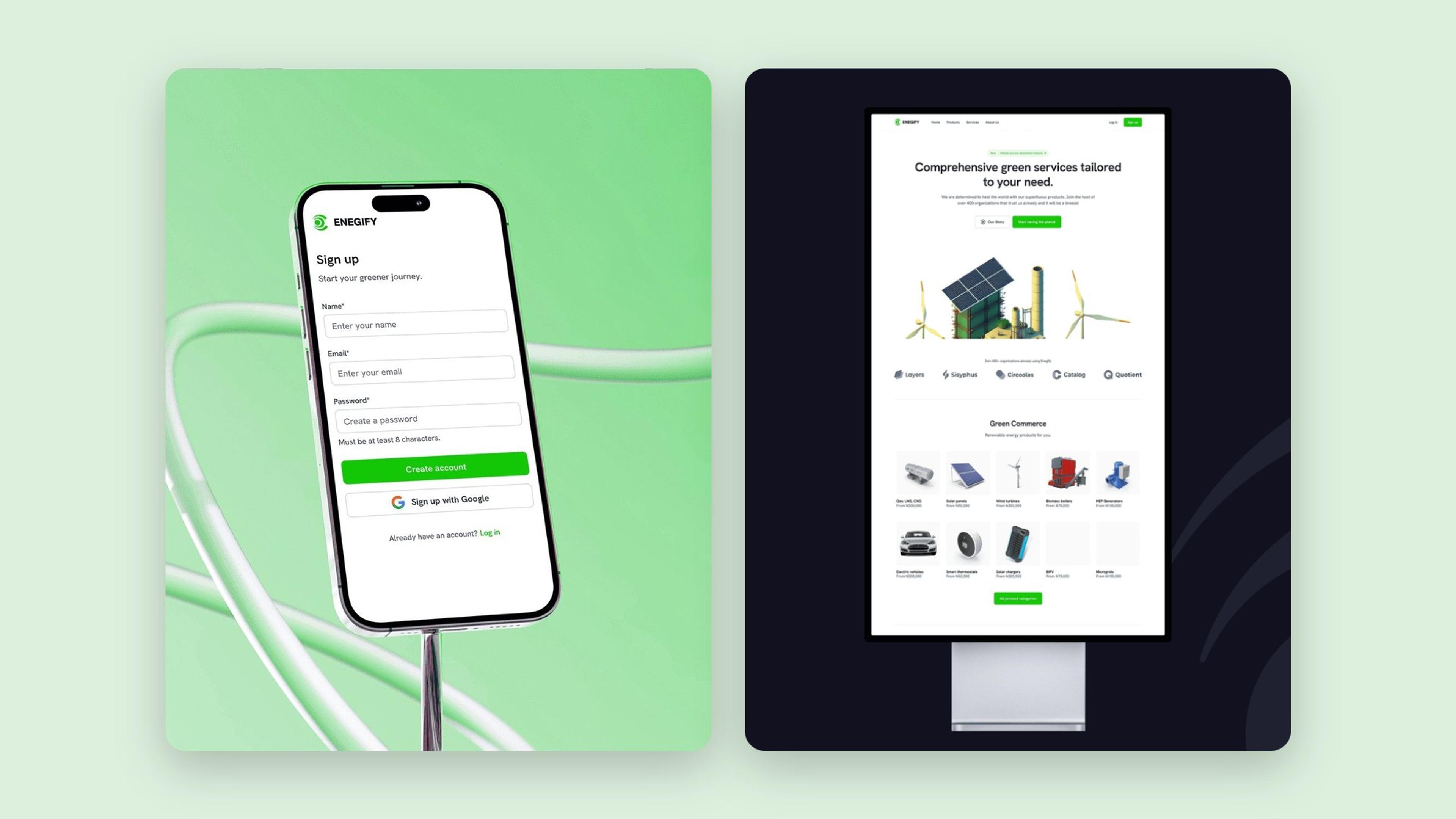 Enegify sign-up, dashboard and marketplace screens on phones and a monitor