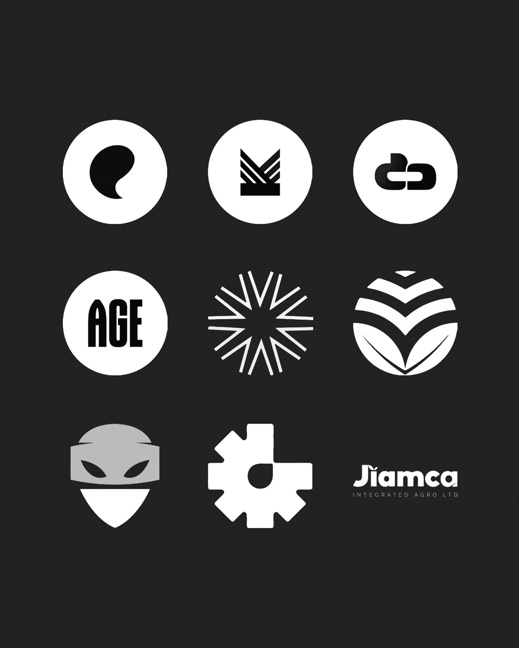 Nine logo marks in white on dark grey