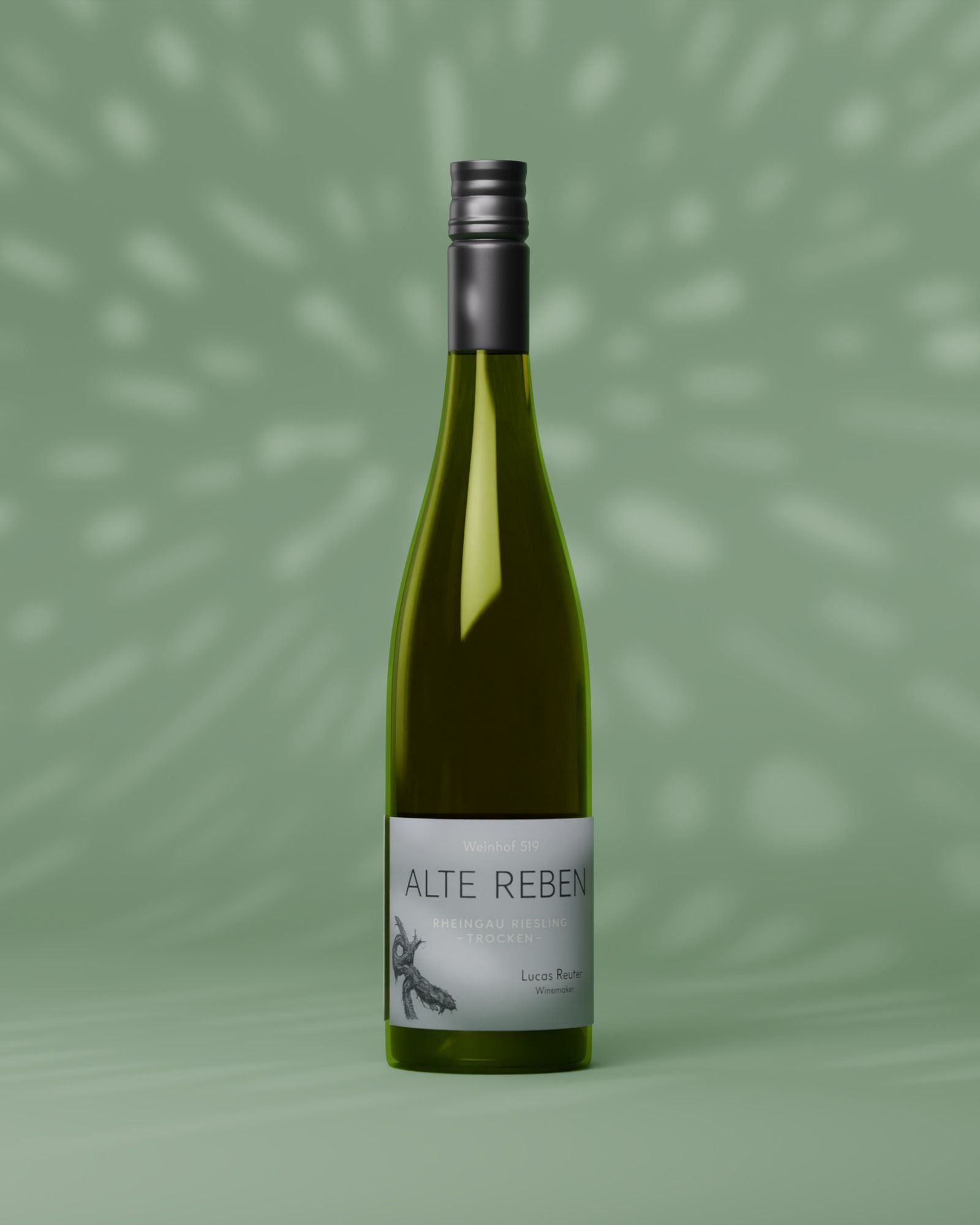 Final render of the bottle standing in dappled light