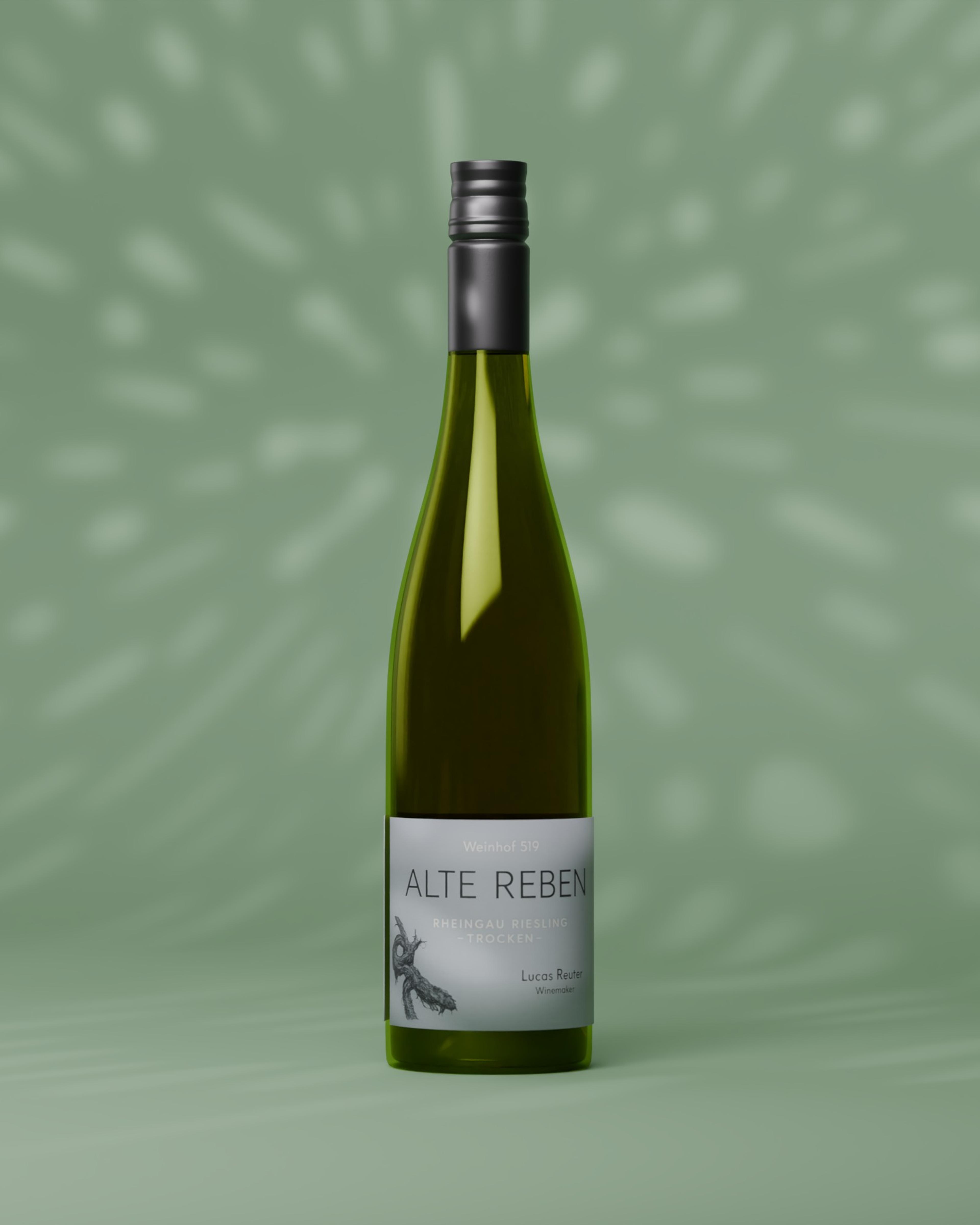 Final render of the bottle standing in dappled light