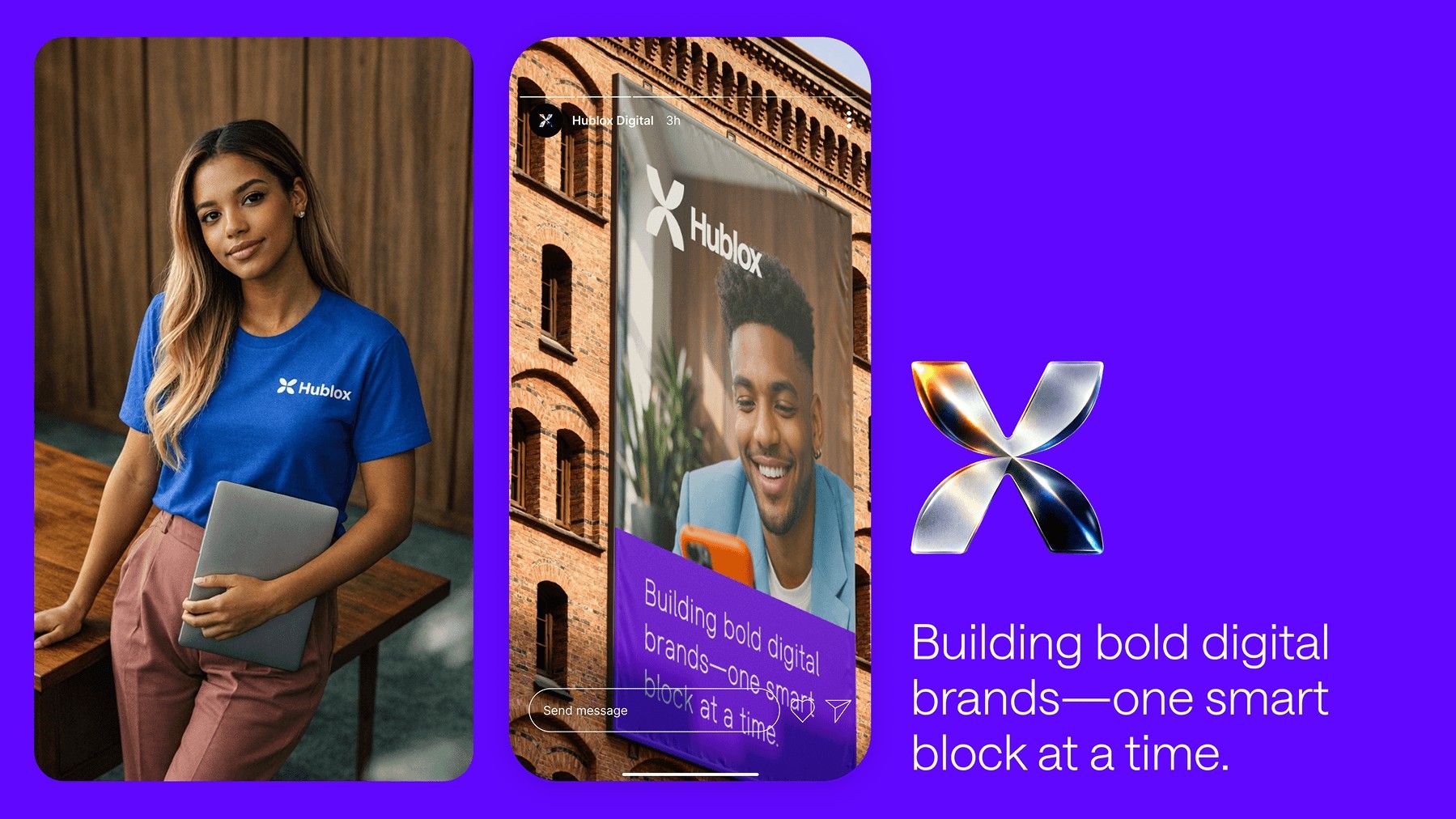 Social posts with the line Building bold digital brands, one smart block at a time