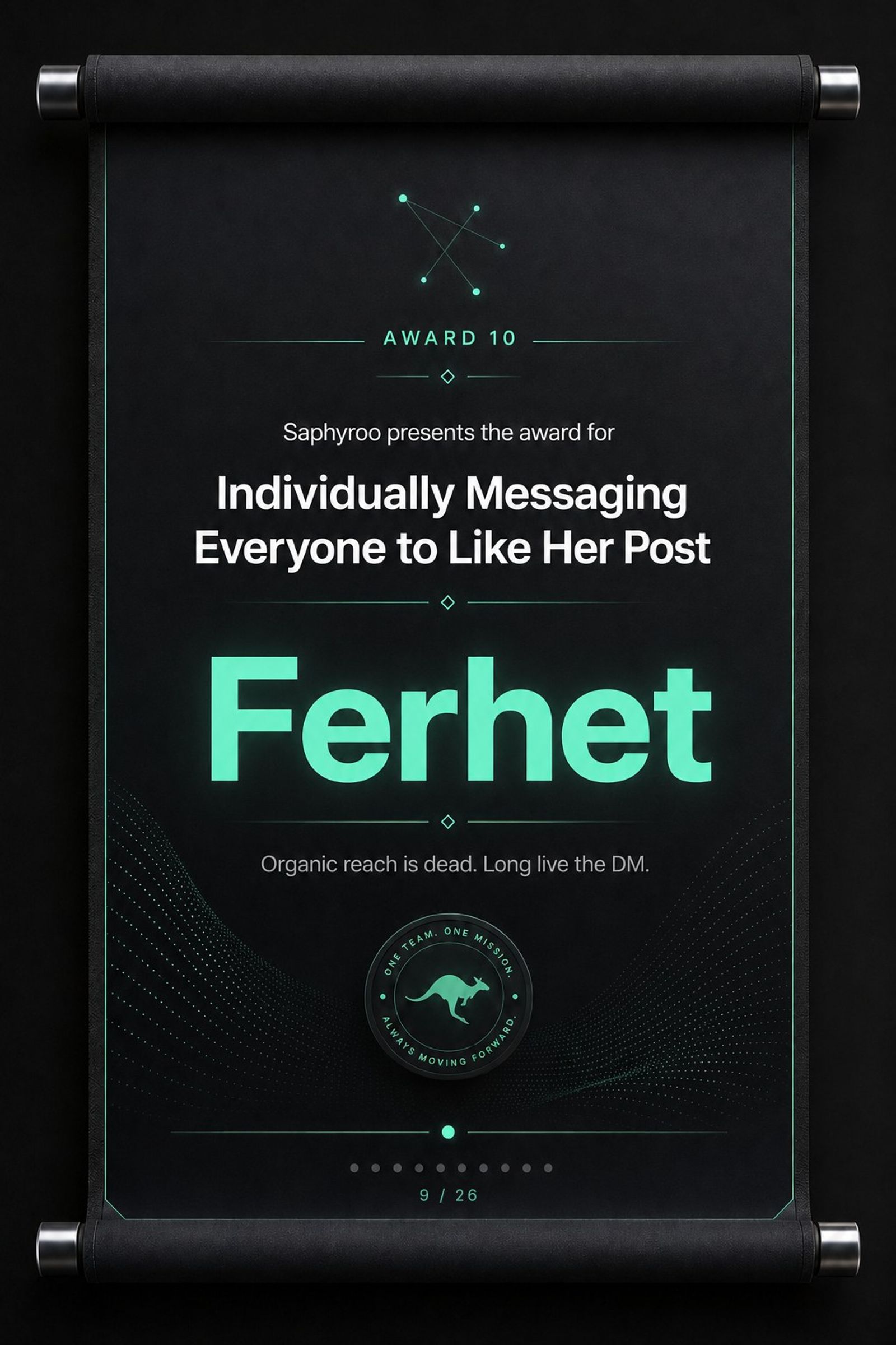 Saphyroo award scroll: Award 10, Individually Messaging Everyone to Like Her Post, Ferhet