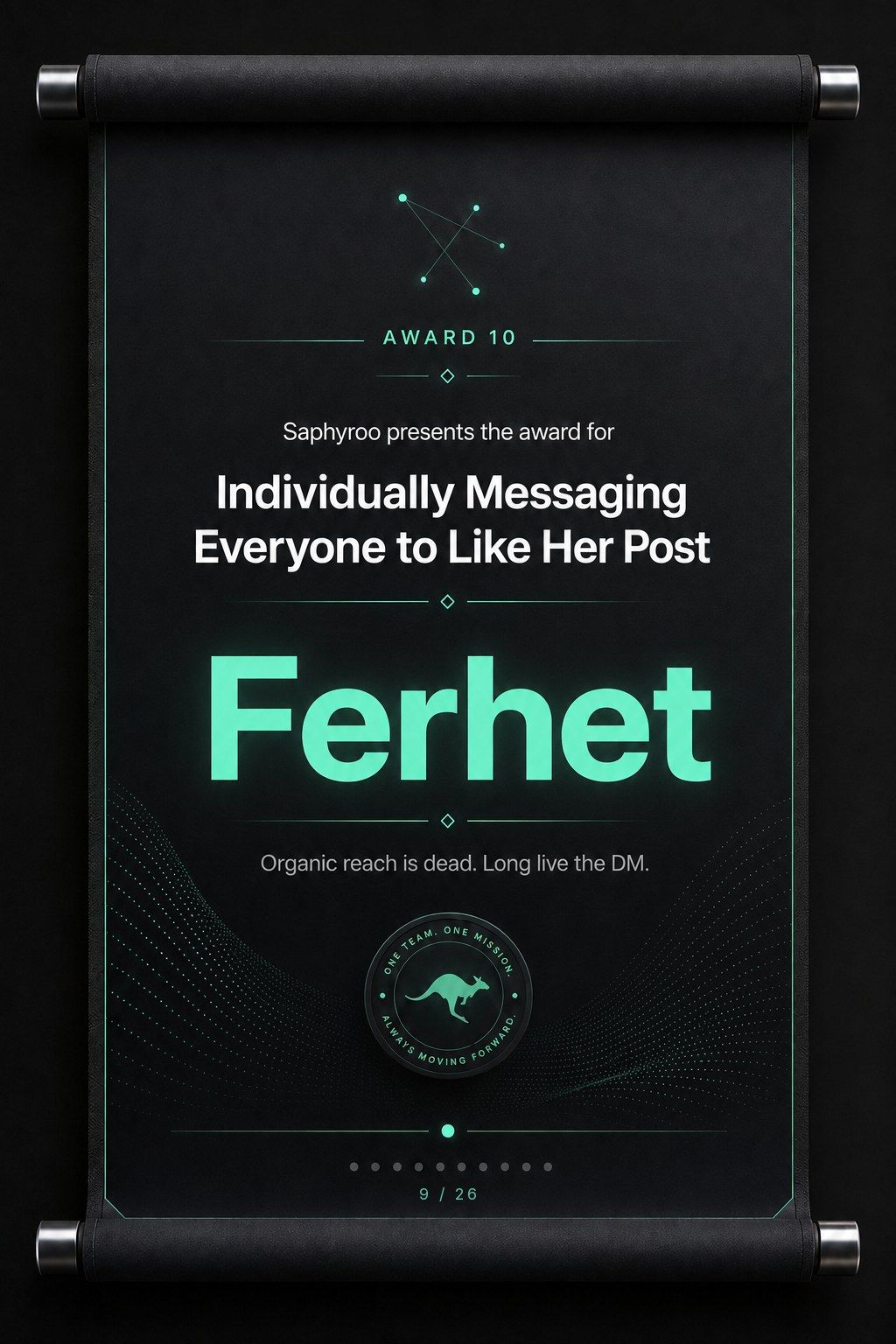 Saphyroo award scroll: Award 10, Individually Messaging Everyone to Like Her Post, Ferhet