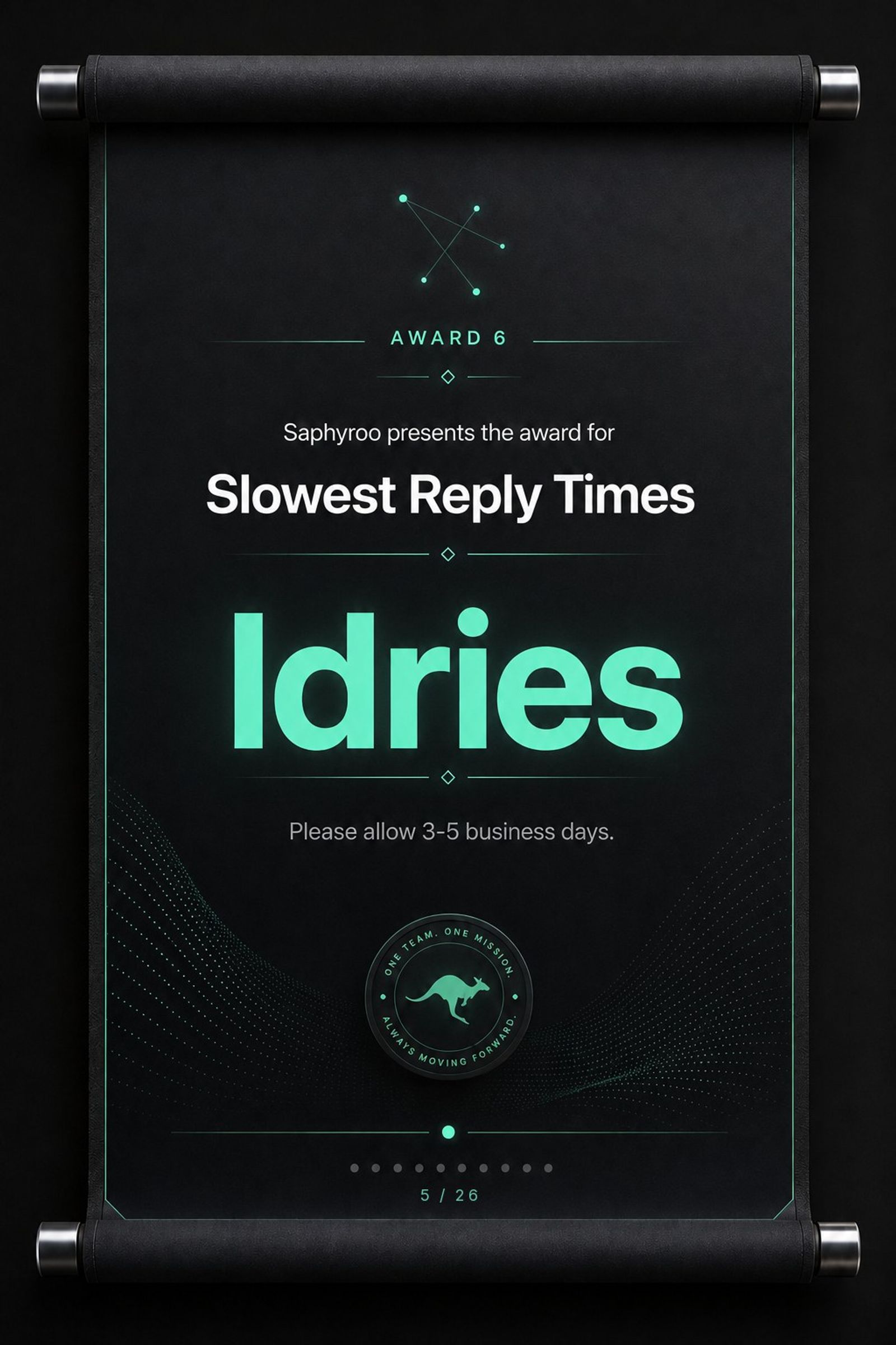 Saphyroo award scroll: Award 6, Slowest Reply Times, Idries