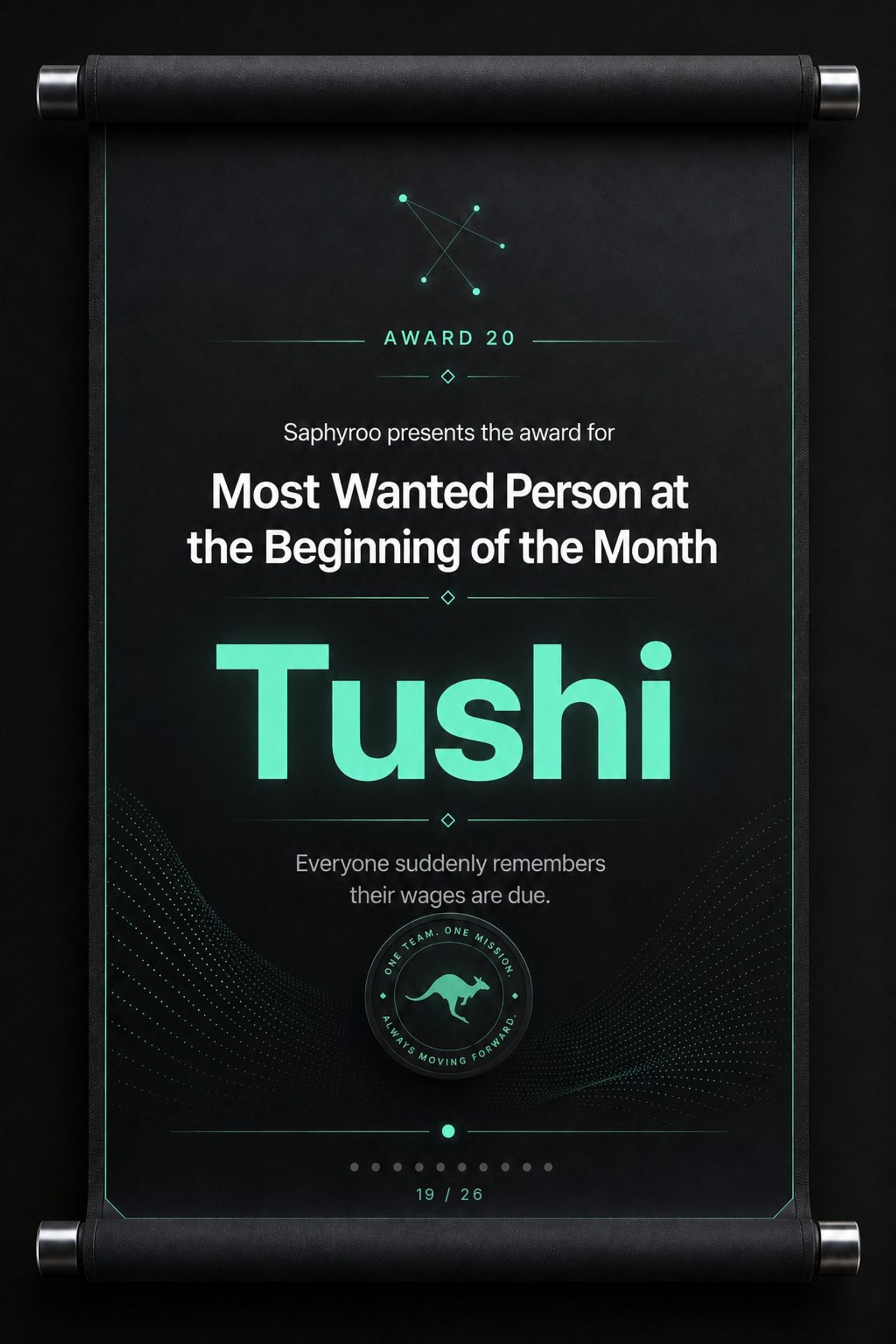 Saphyroo award scroll: Award 20, Most Wanted Person at the Beginning of the Month, Tushi