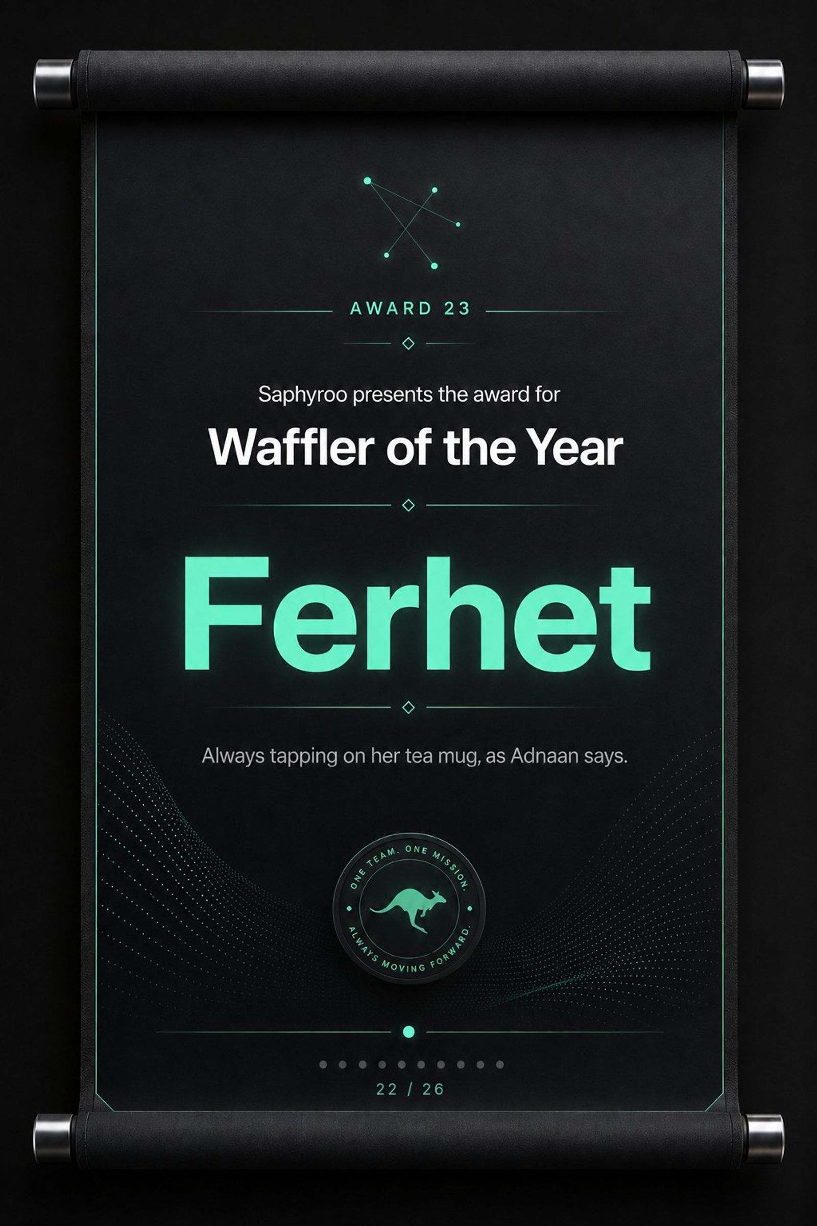 Saphyroo award scroll: Award 23, Waffler of the Year, Ferhet