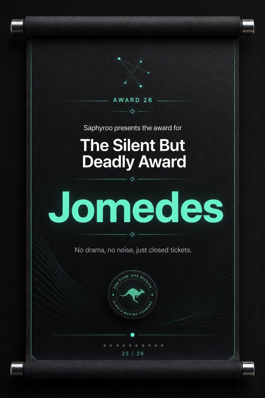 Saphyroo award scroll: Award 26, The Silent But Deadly Award, Jomedes