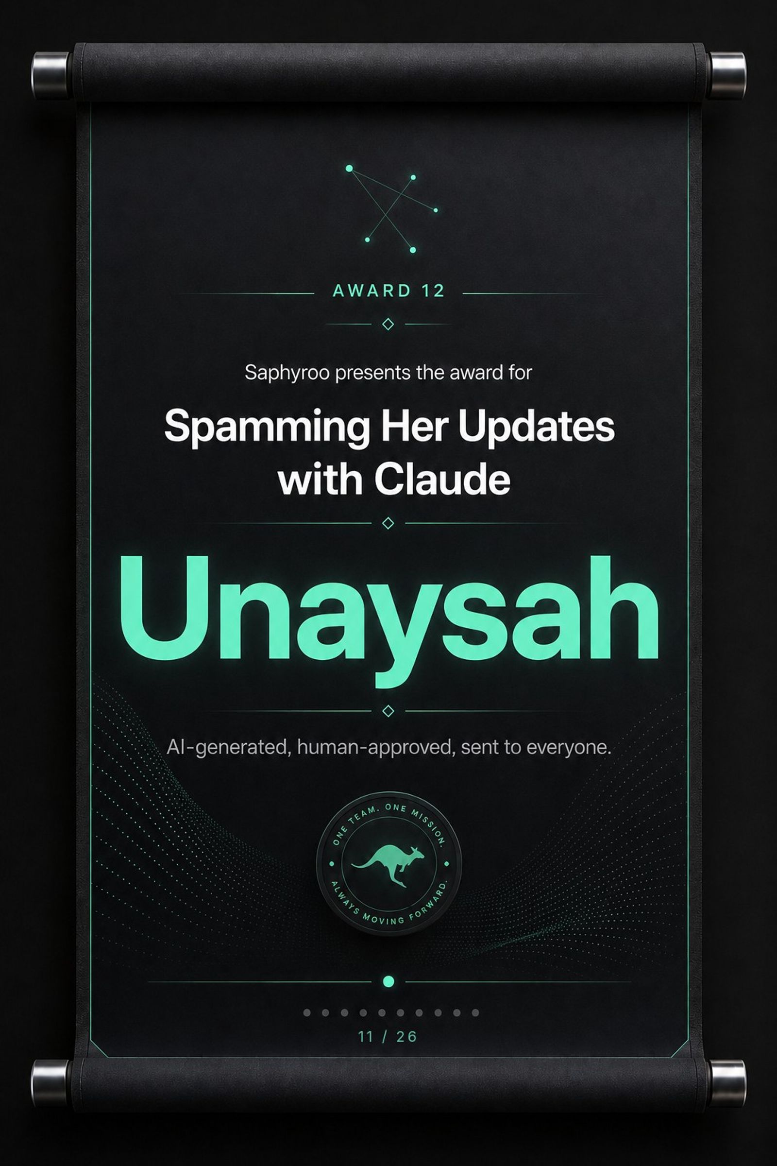 Saphyroo award scroll: Award 12, Spamming Her Updates with Claude, Unaysah
