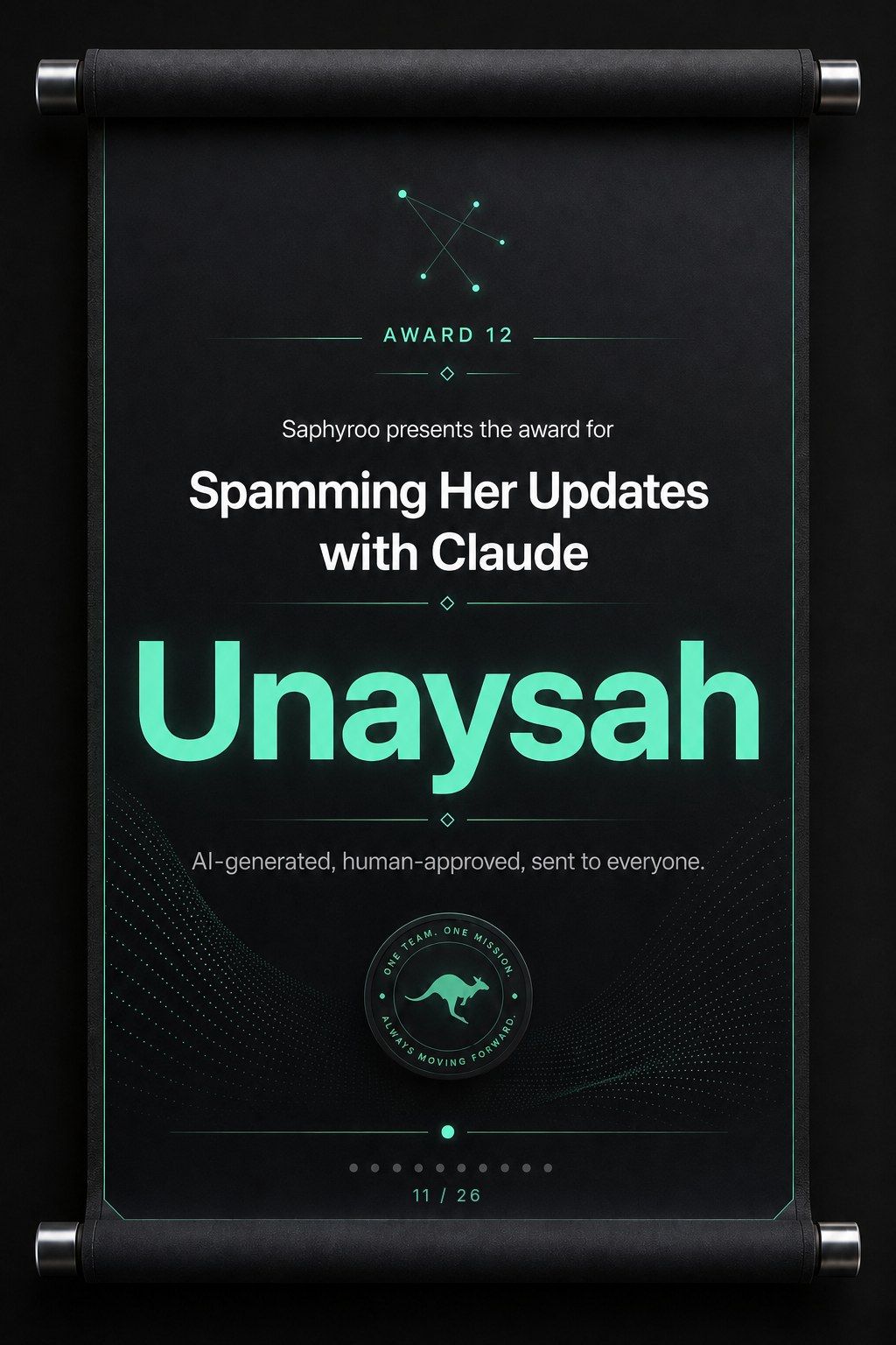 Saphyroo award scroll: Award 12, Spamming Her Updates with Claude, Unaysah