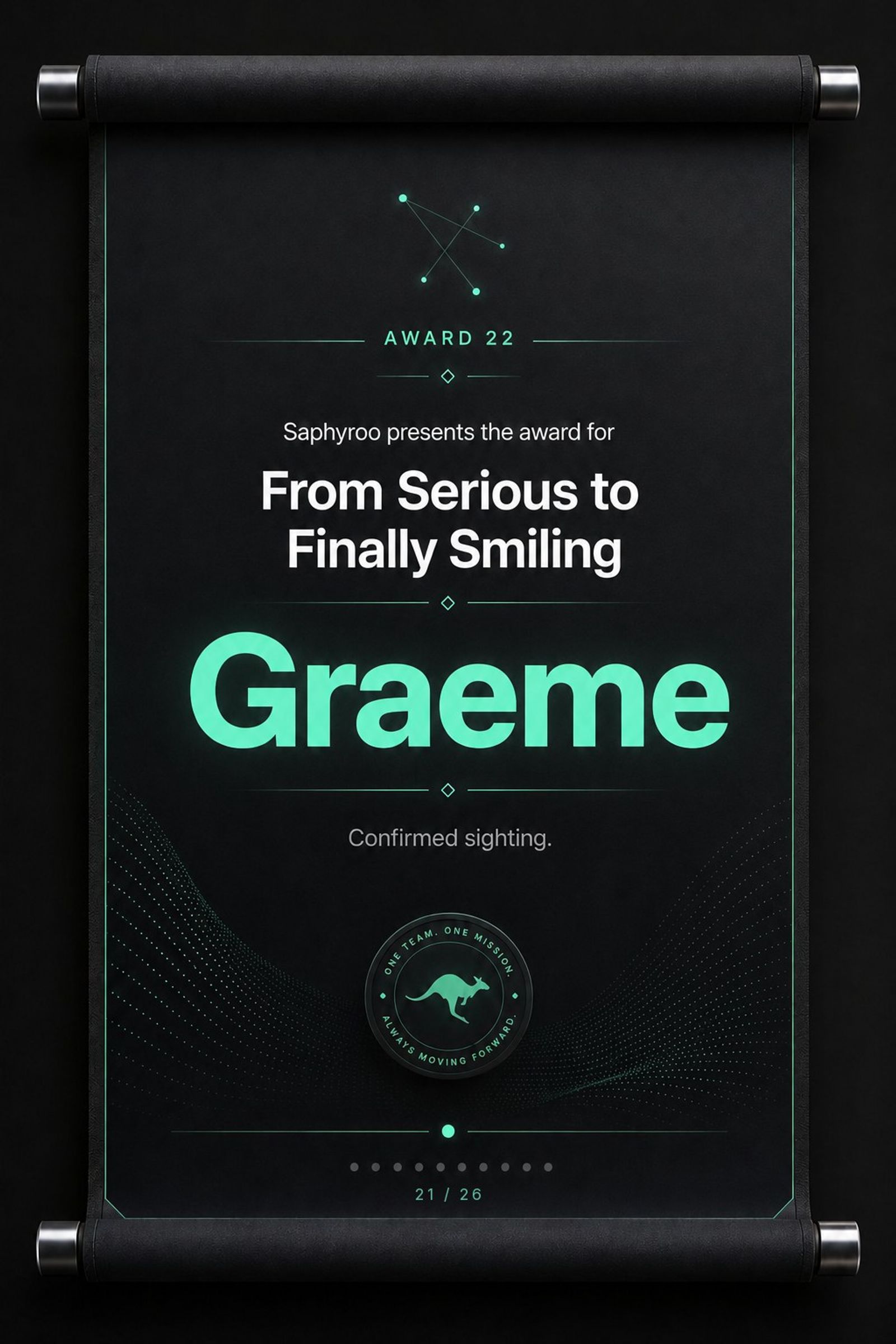 Saphyroo award scroll: Award 22, From Serious to Finally Smiling, Graeme