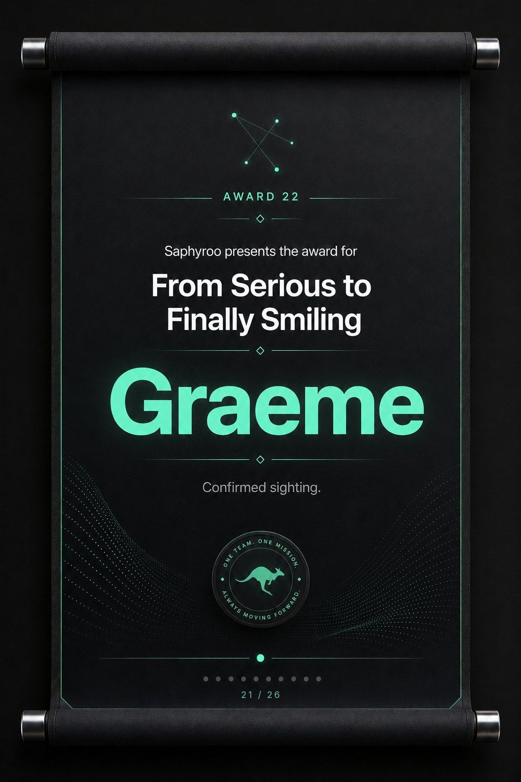 Saphyroo award scroll: Award 22, From Serious to Finally Smiling, Graeme