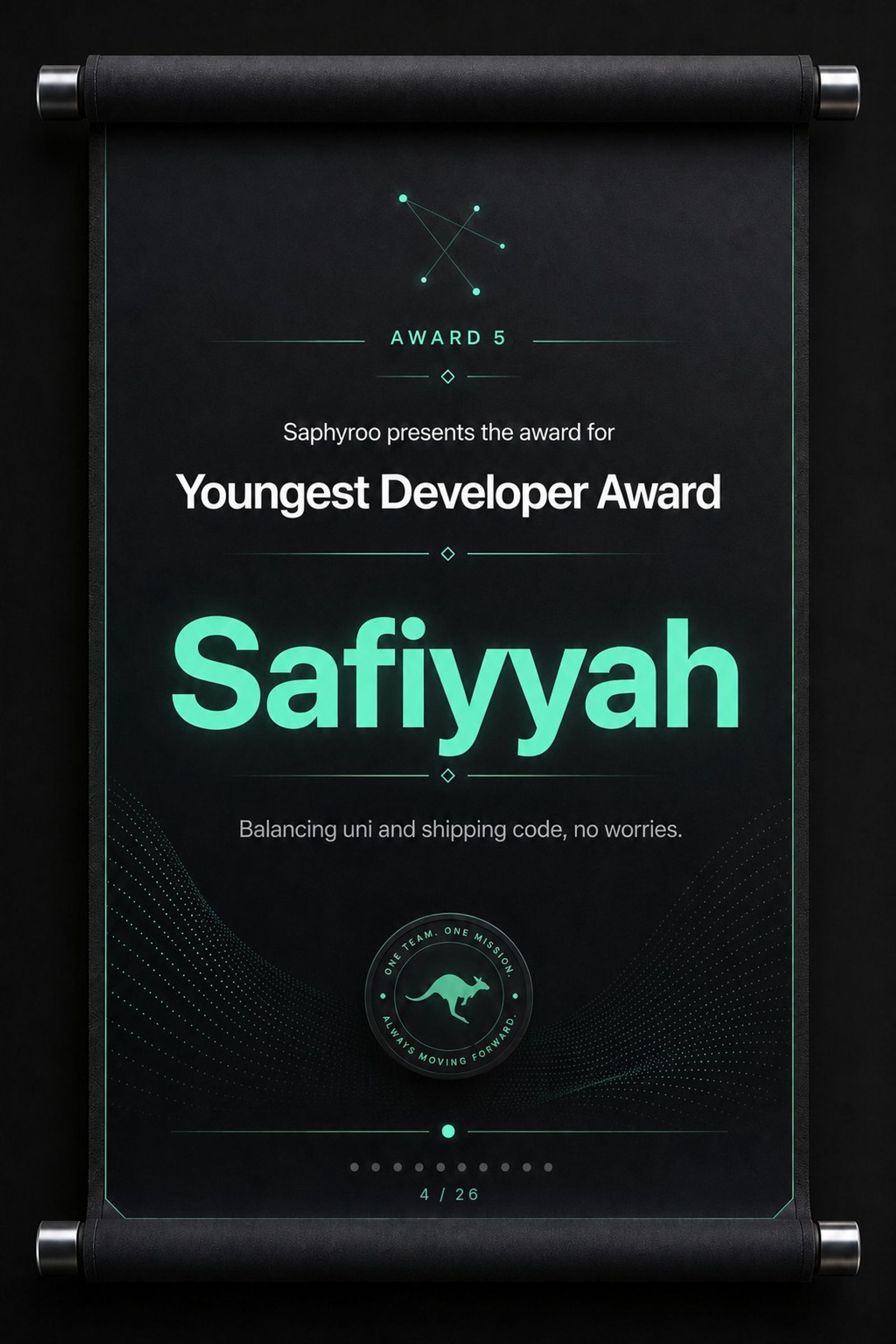 Saphyroo award scroll: Award 5, Youngest Developer Award, Safiyyah