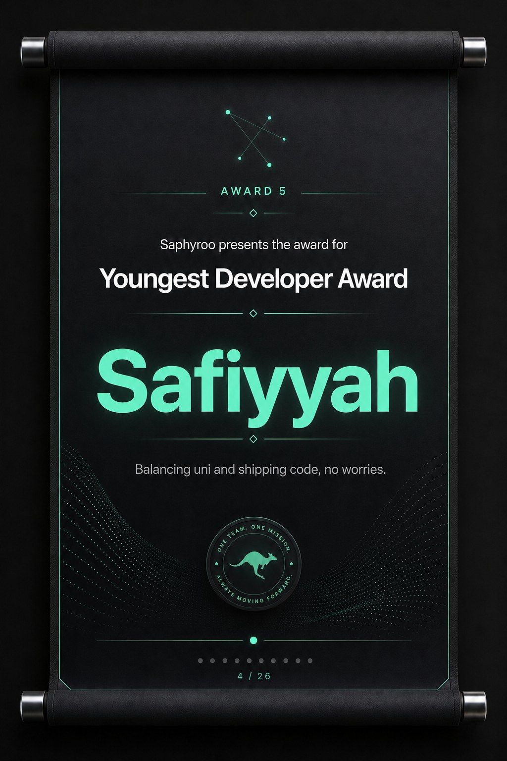 Saphyroo award scroll: Award 5, Youngest Developer Award, Safiyyah