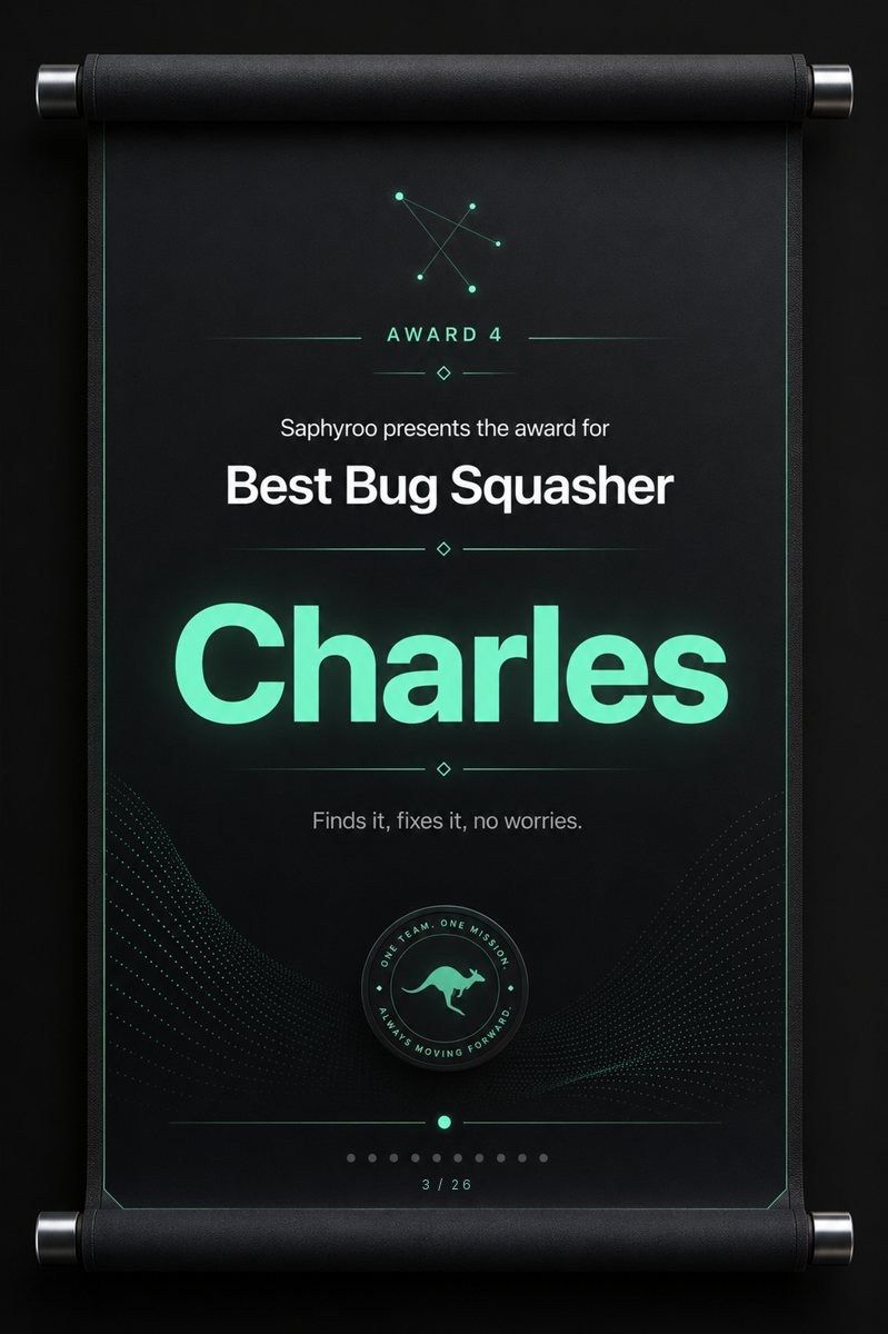 Saphyroo award scroll: Award 4, Best Bug Squasher, Charles