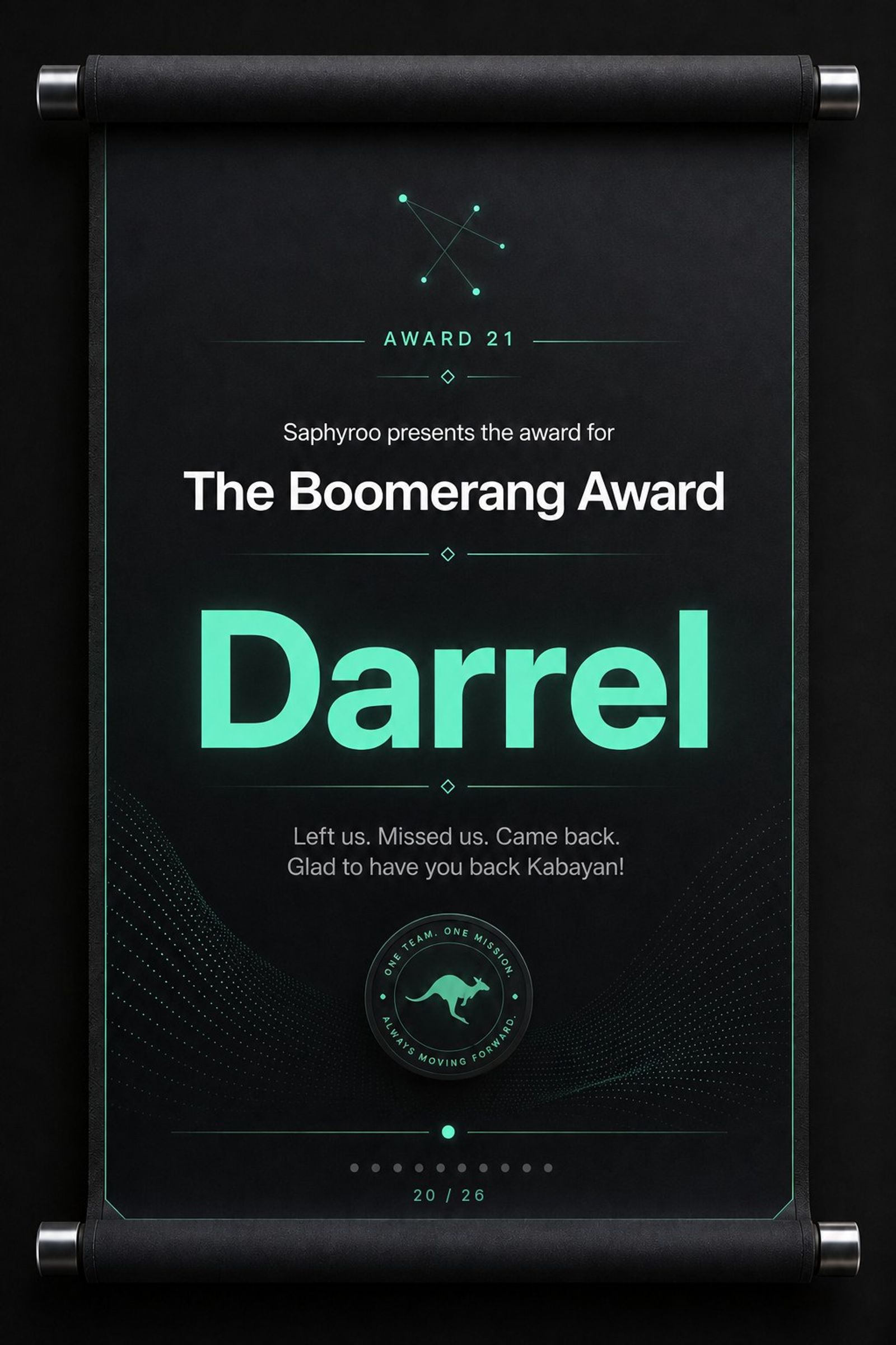 Saphyroo award scroll: Award 21, The Boomerang Award, Darrel