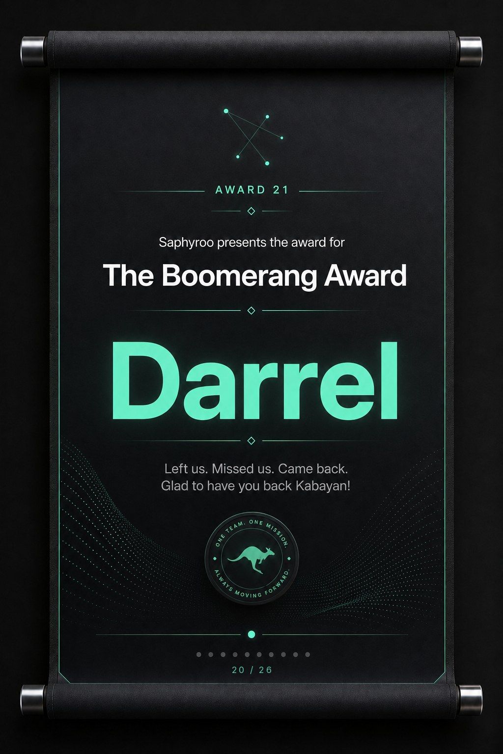Saphyroo award scroll: Award 21, The Boomerang Award, Darrel