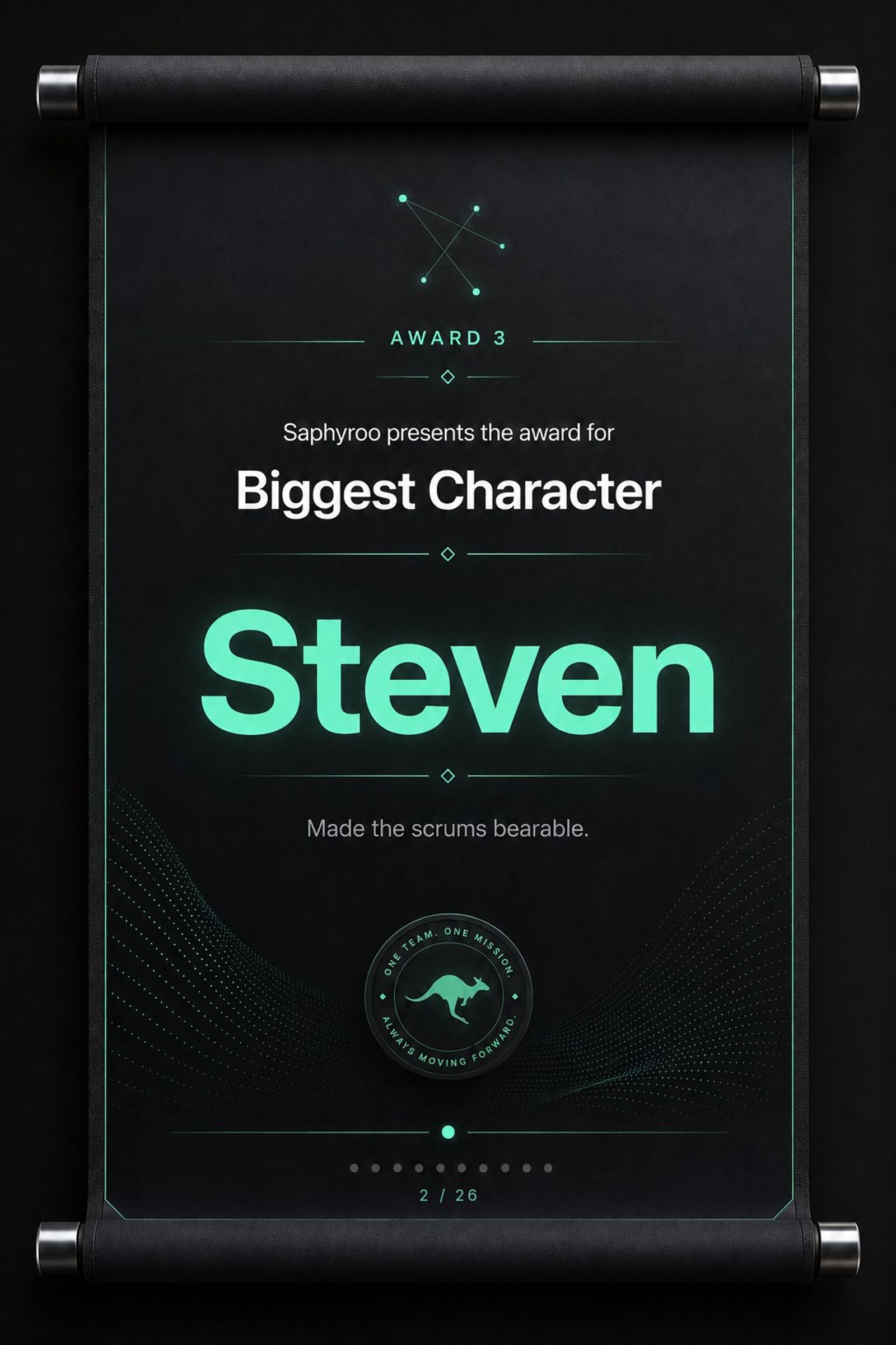 Saphyroo award scroll: Award 3, Biggest Character, Steven