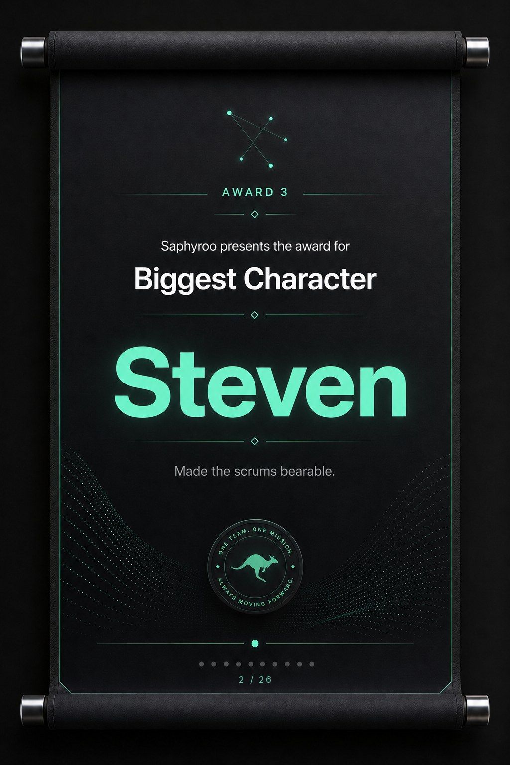 Saphyroo award scroll: Award 3, Biggest Character, Steven