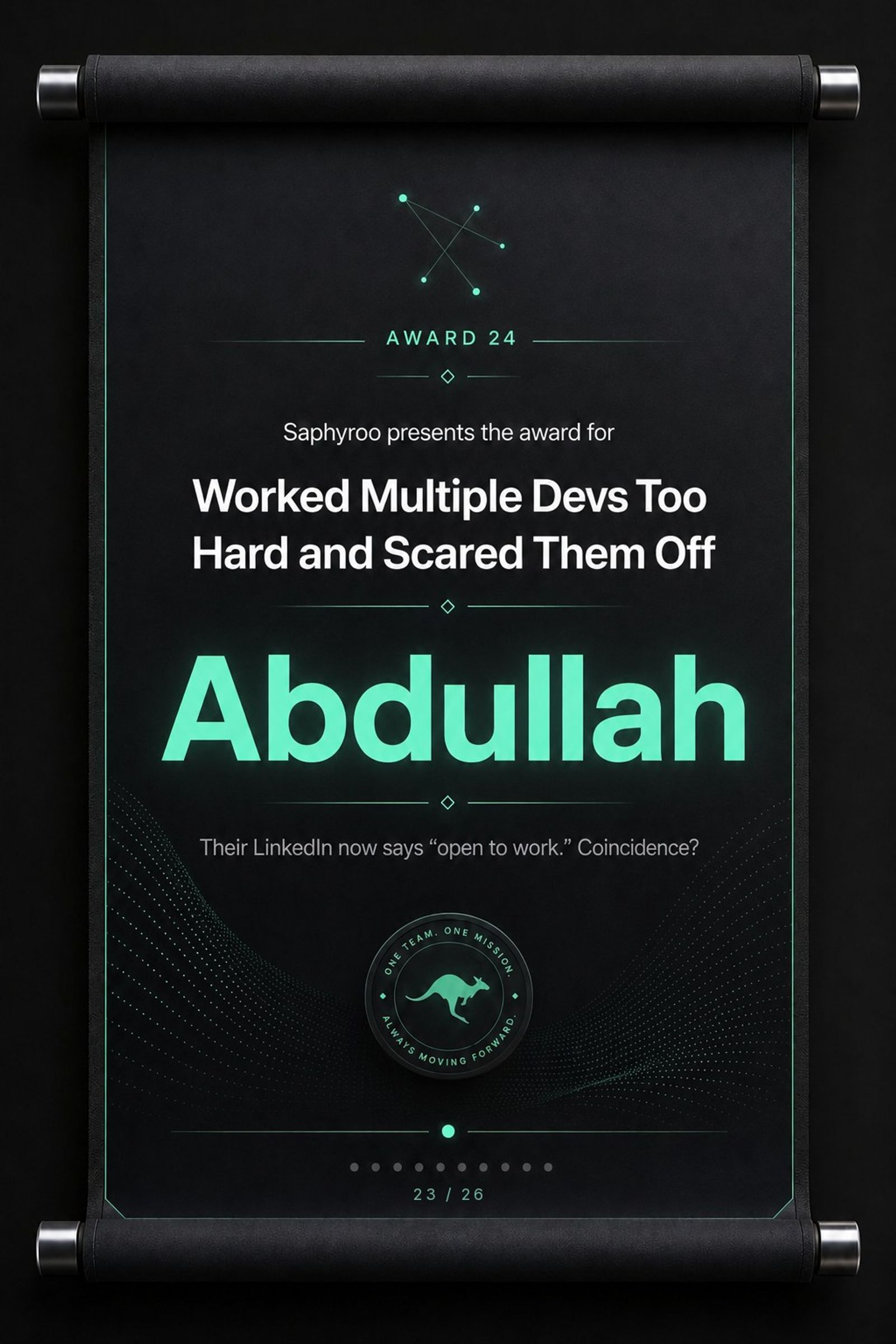 Saphyroo award scroll: Award 24, Worked Multiple Devs Too Hard and Scared Them Off, Abdullah