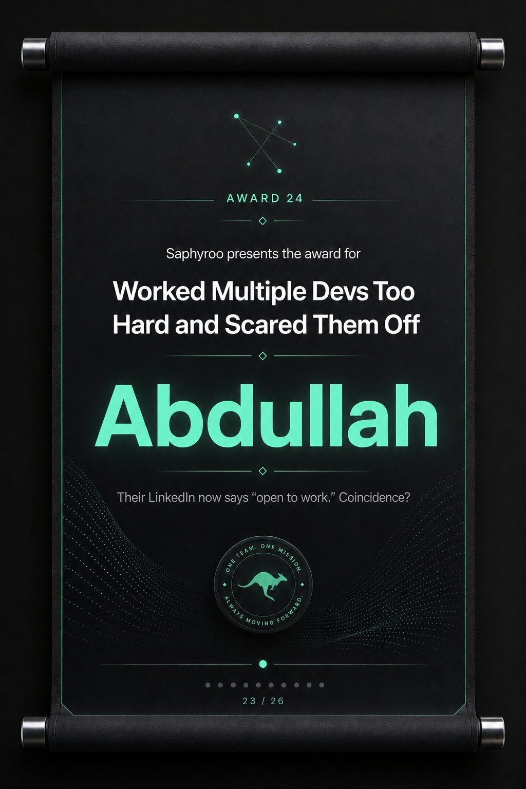 Saphyroo award scroll: Award 24, Worked Multiple Devs Too Hard and Scared Them Off, Abdullah
