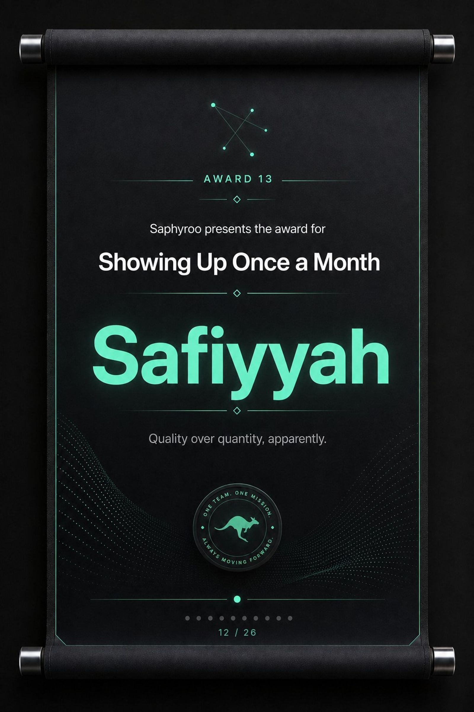 Saphyroo award scroll: Award 13, Showing Up Once a Month, Safiyyah