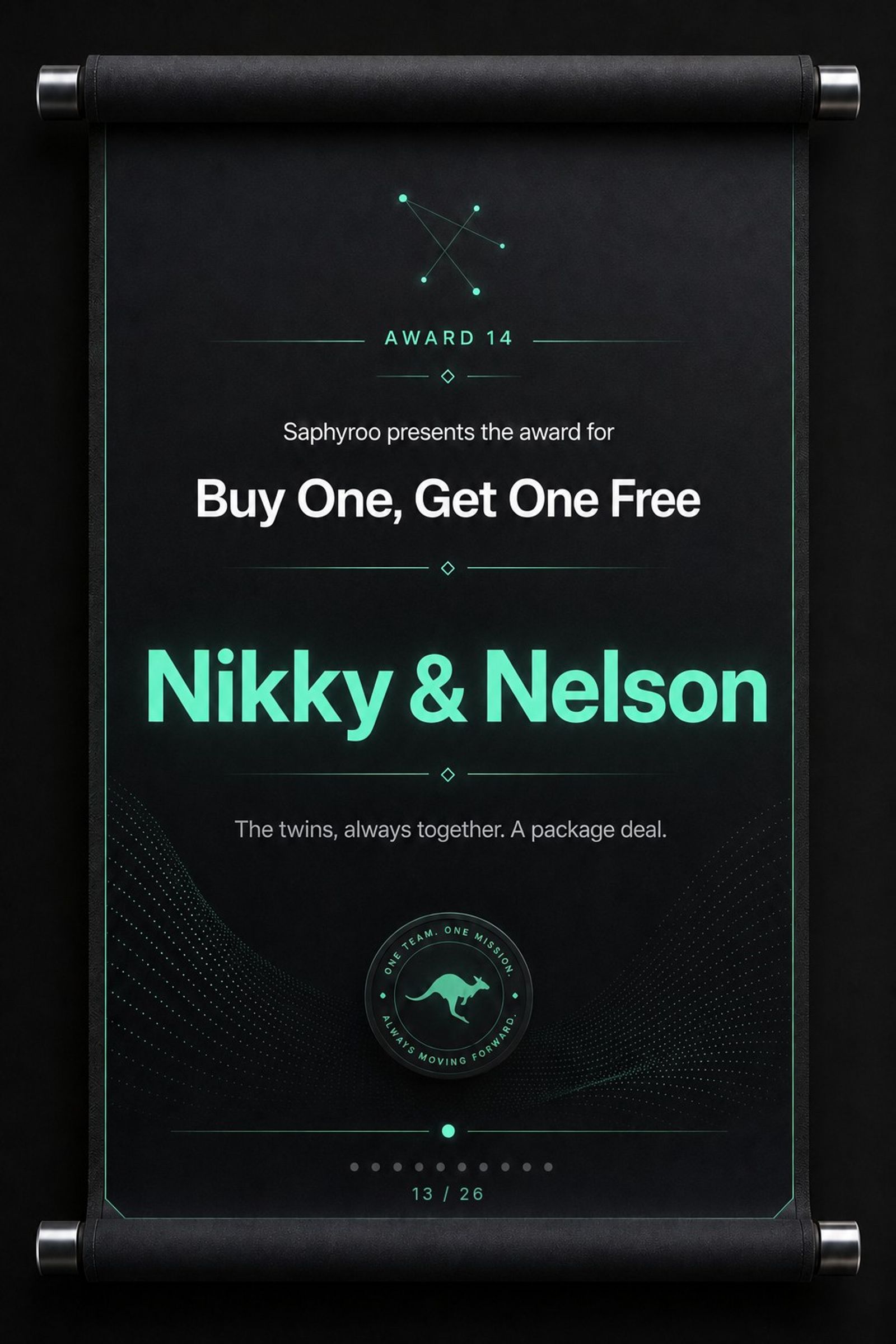 Saphyroo award scroll: Award 14, Buy One, Get One Free, Nikky & Nelson