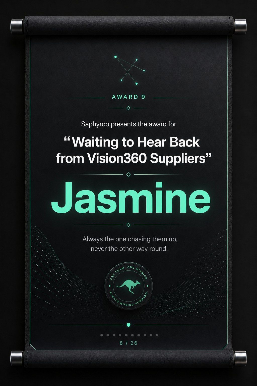 Saphyroo award scroll: Award 9, “Waiting to Hear Back from Vision360 Suppliers”, Jasmine