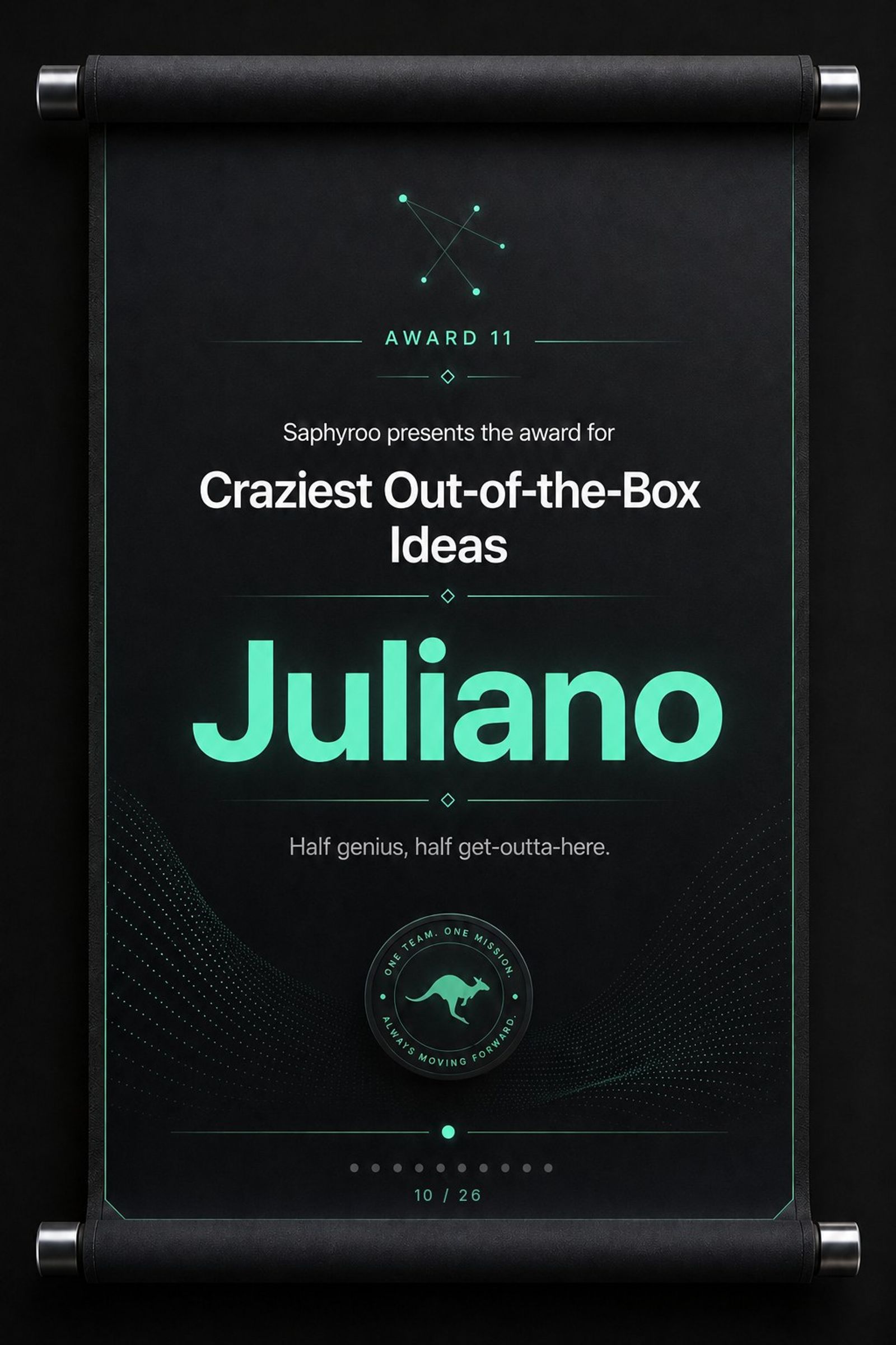 Saphyroo award scroll: Award 11, Craziest Out-of-the-Box Ideas, Juliano
