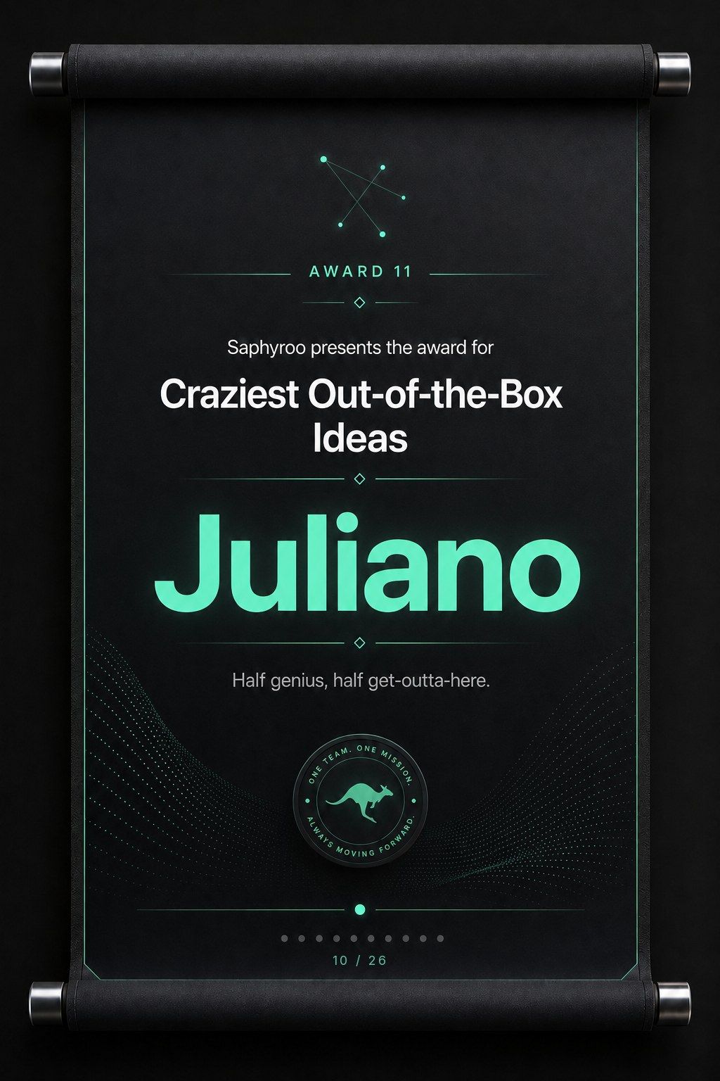 Saphyroo award scroll: Award 11, Craziest Out-of-the-Box Ideas, Juliano