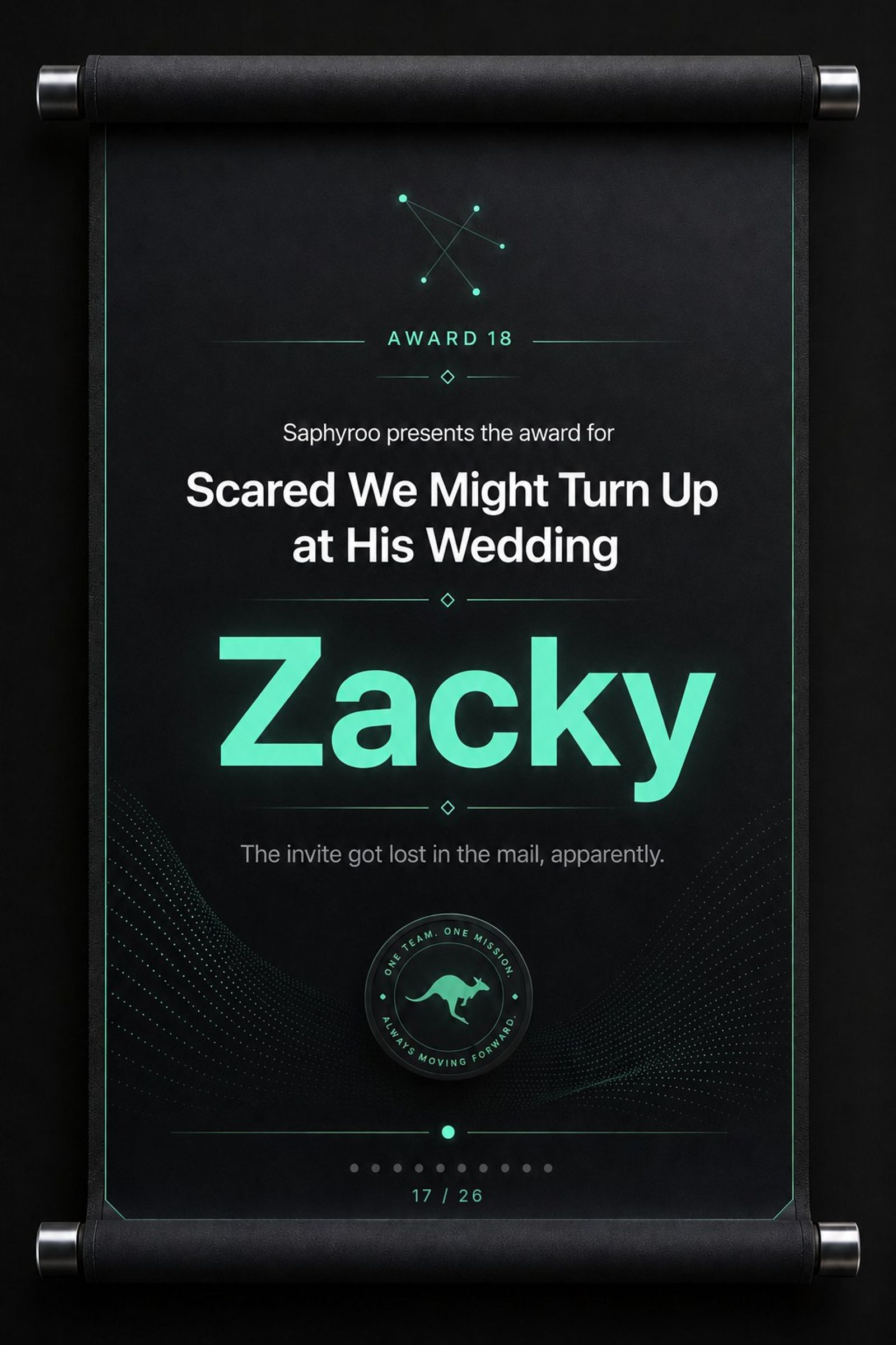 Saphyroo award scroll: Award 18, Scared We Might Turn Up at His Wedding, Zacky