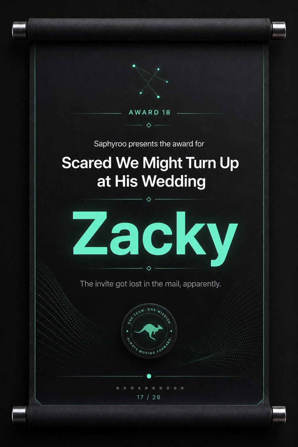 Saphyroo award scroll: Award 18, Scared We Might Turn Up at His Wedding, Zacky
