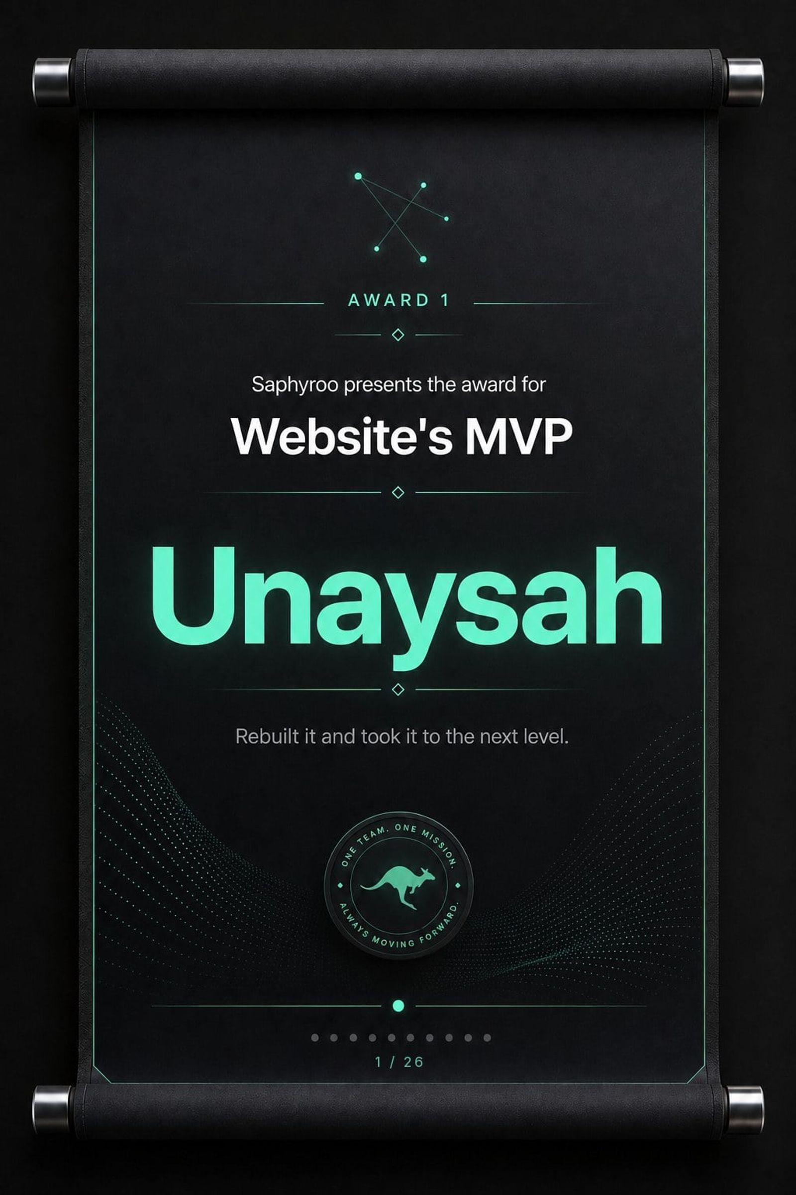 Saphyroo award scroll: Award 1, Website's MVP, Unaysah