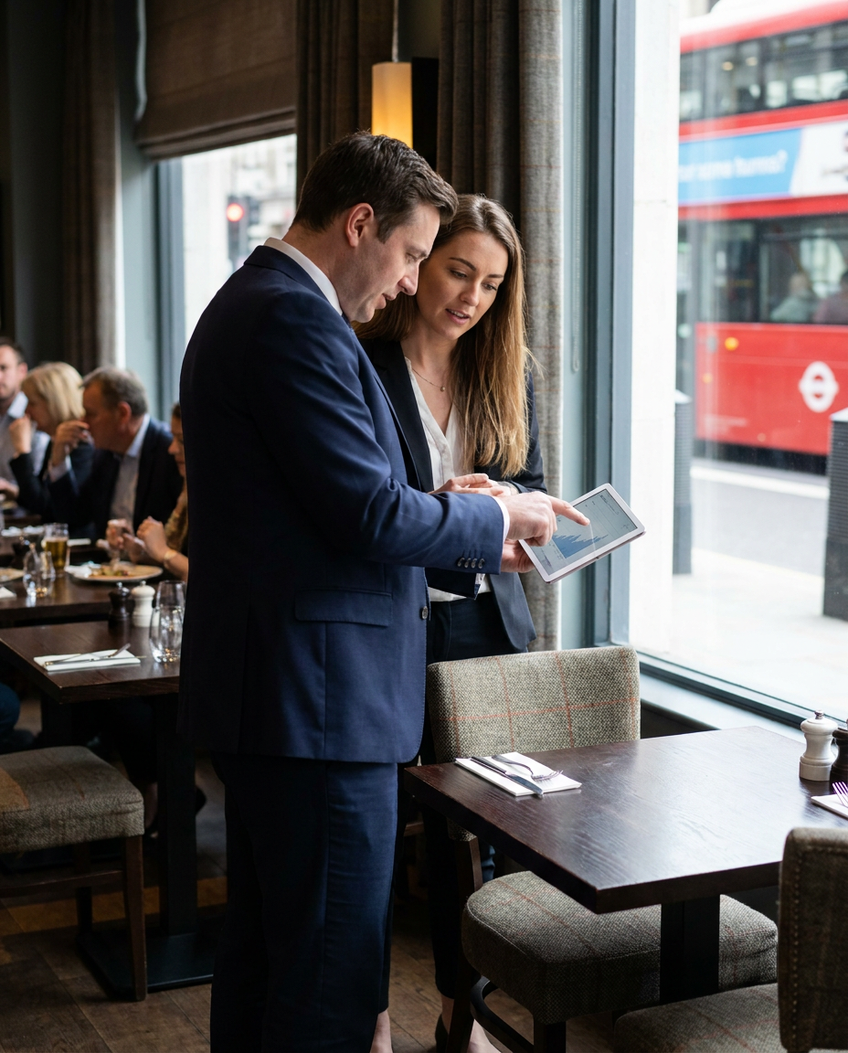 Two people reviewing a tablet with software on it