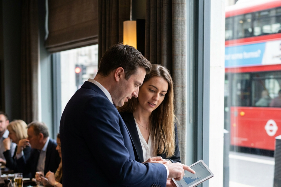Two people reviewing a tablet with software on it