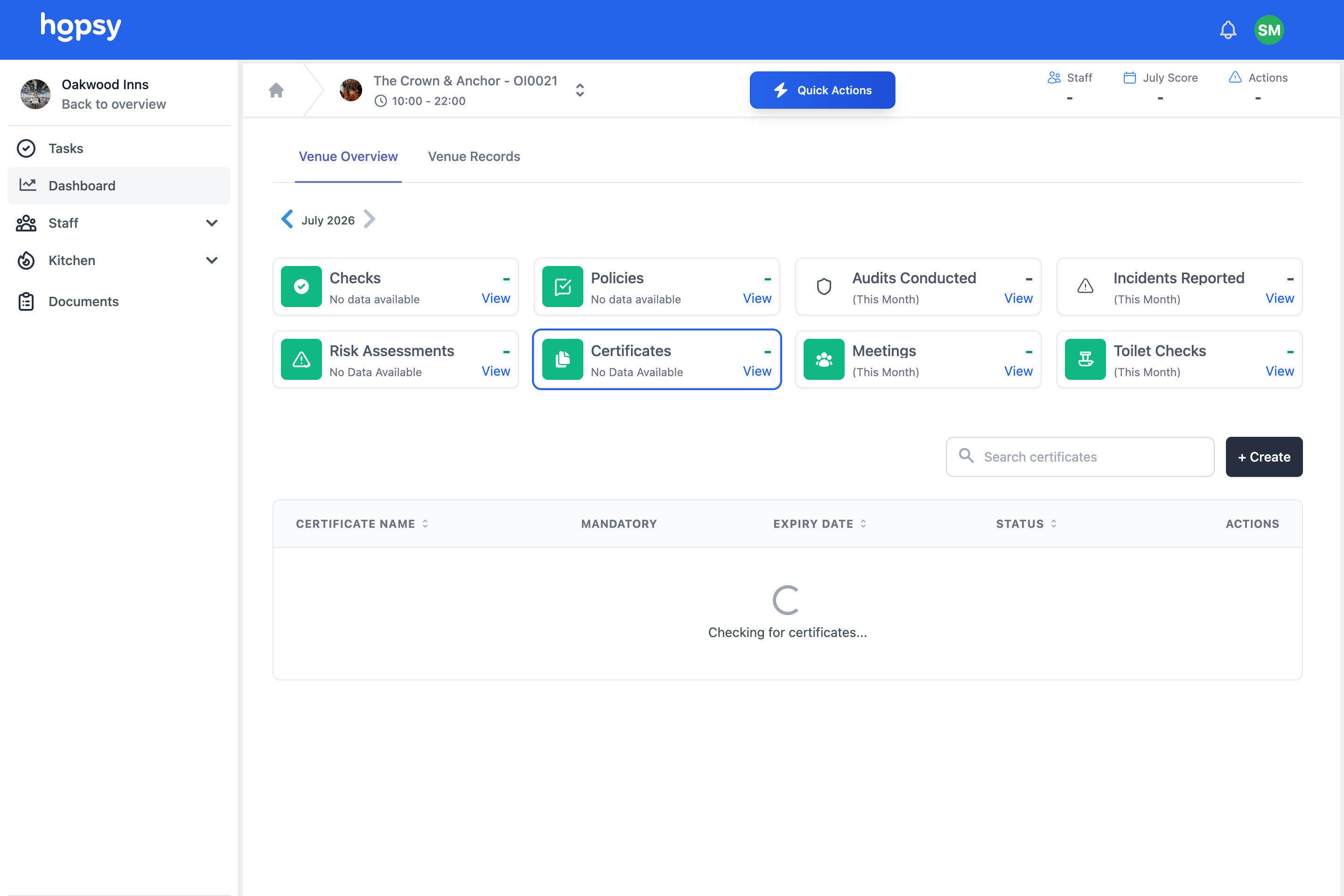 main product screen for Certificate tracking