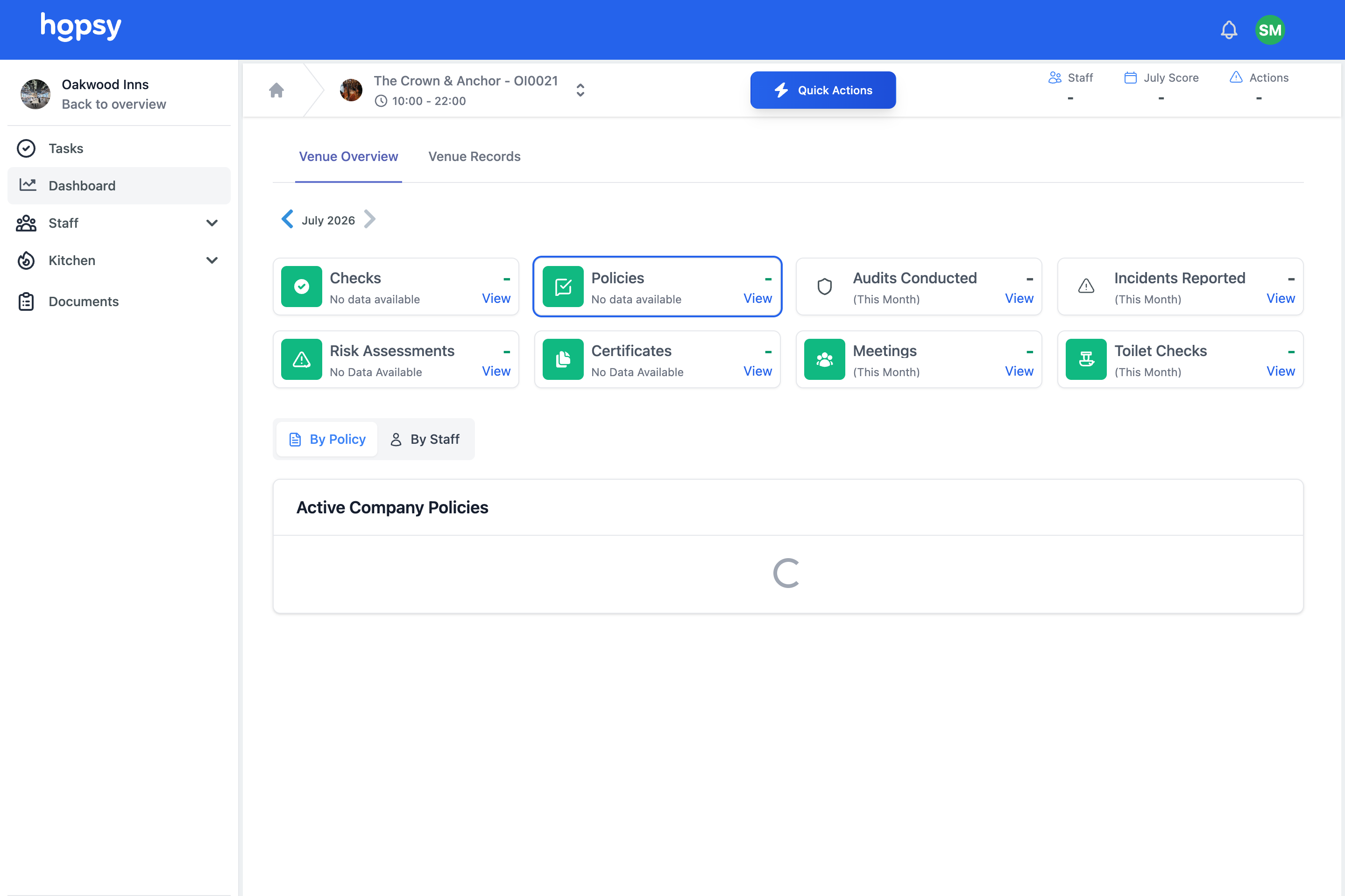 main product screen for Policy management