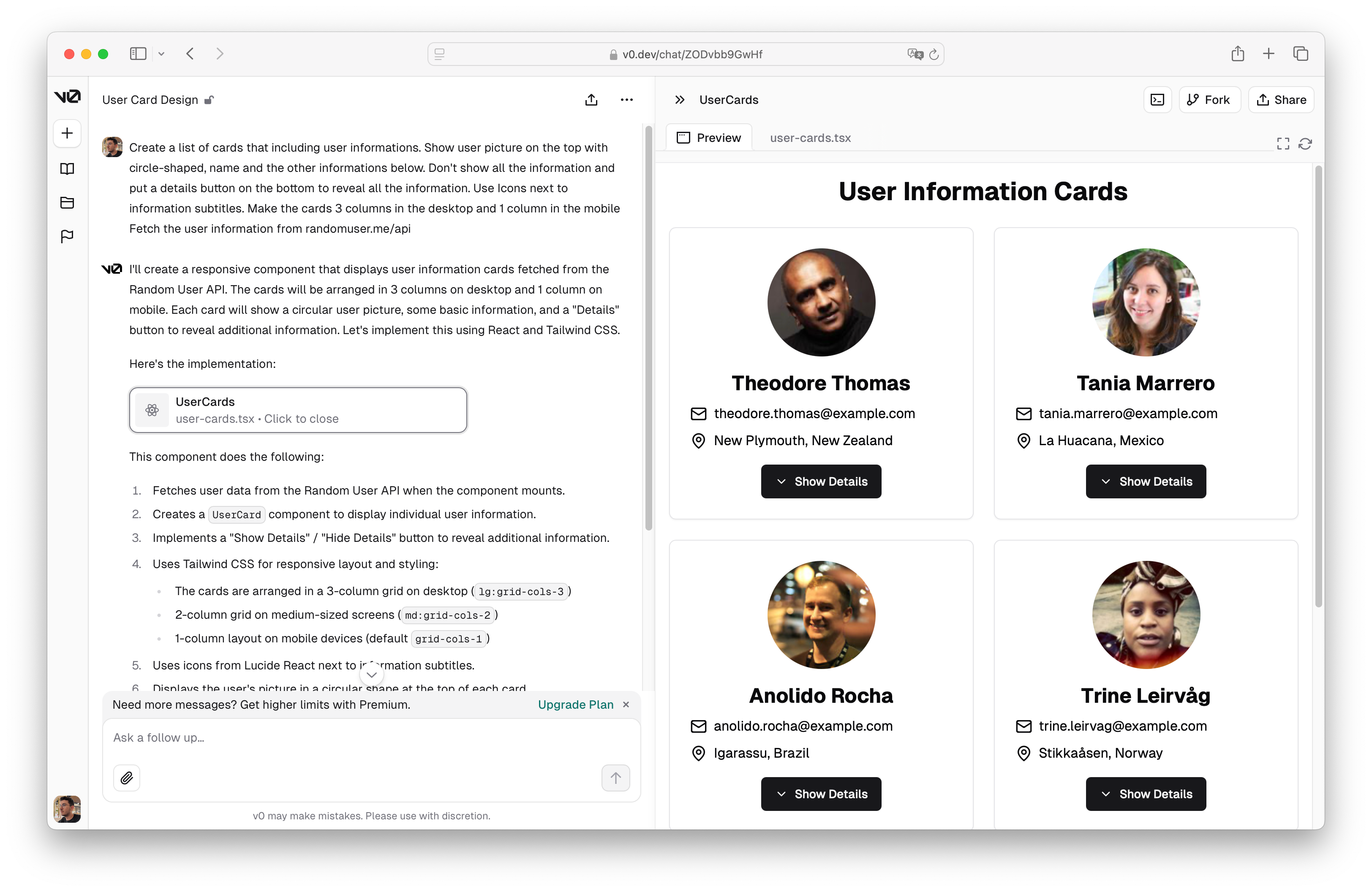 Creating a card layout in v0 using AI