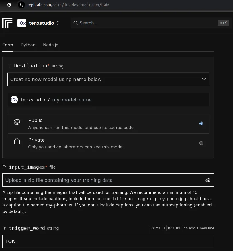 Replicate Dashboard for Fine-tuning Flux