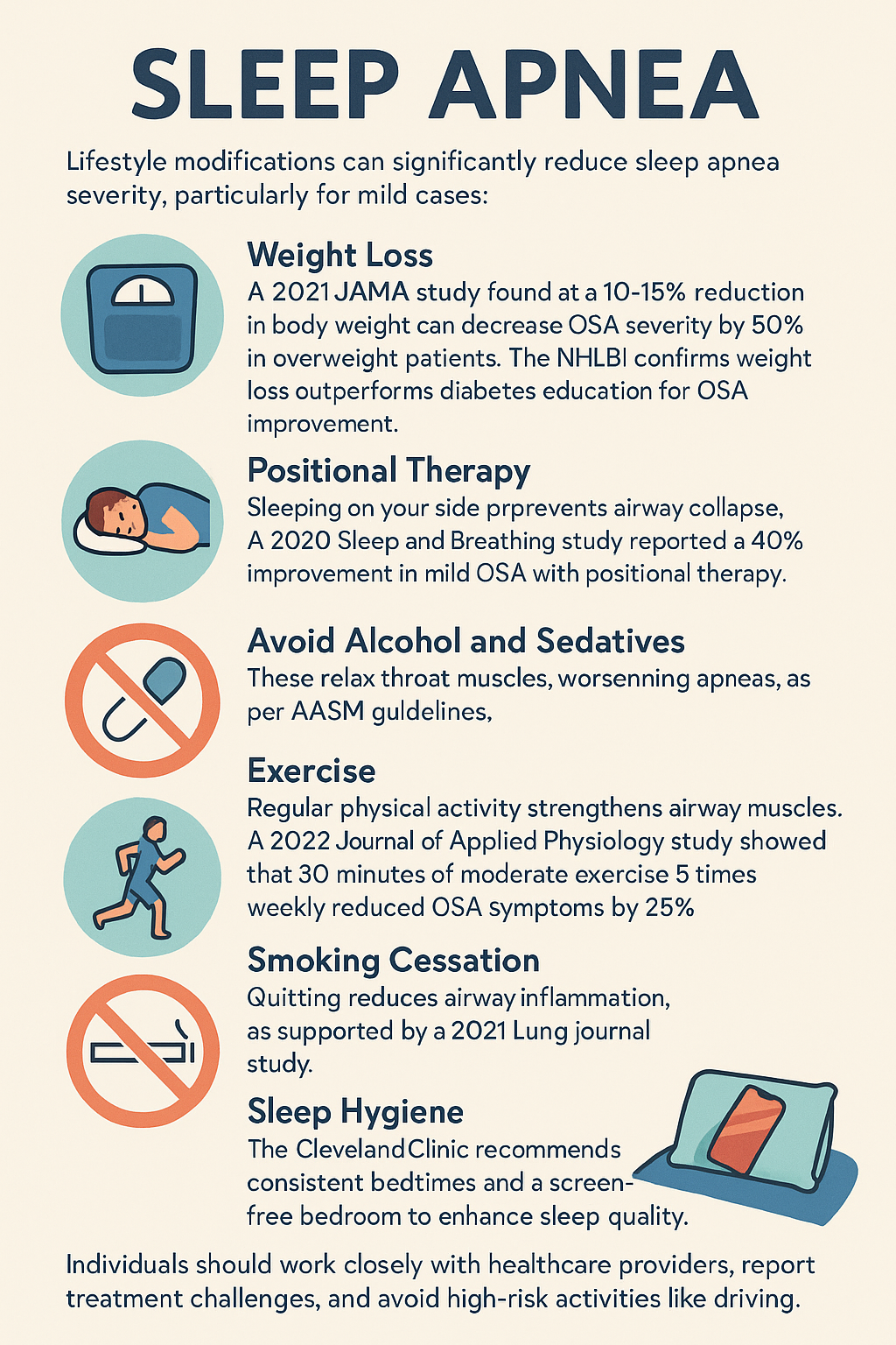a poster explaining sleep apnea including weight loss positional therapy exercise avoid alcohol and sedatives and sleep hygiene