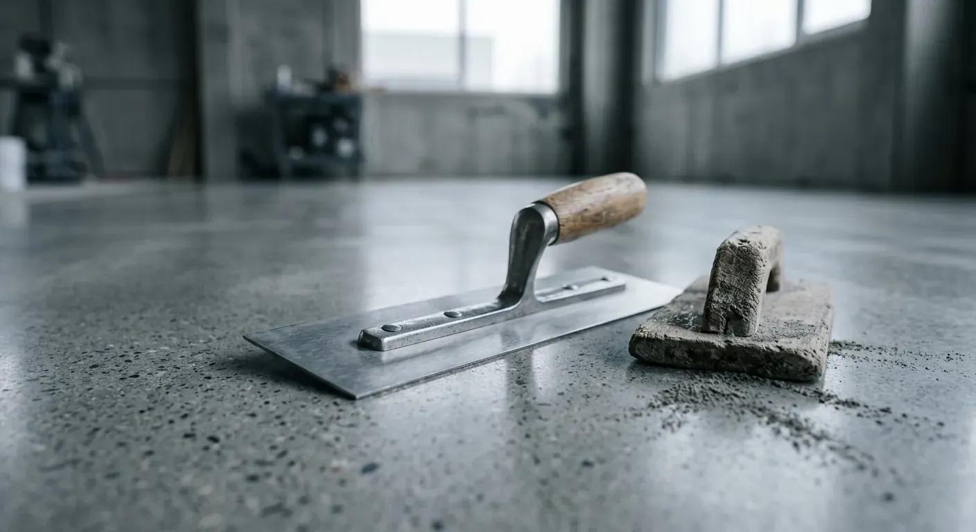 Nystøpt og glattpolert grått betonggulv i et moderne, lyst rom med store vinduer