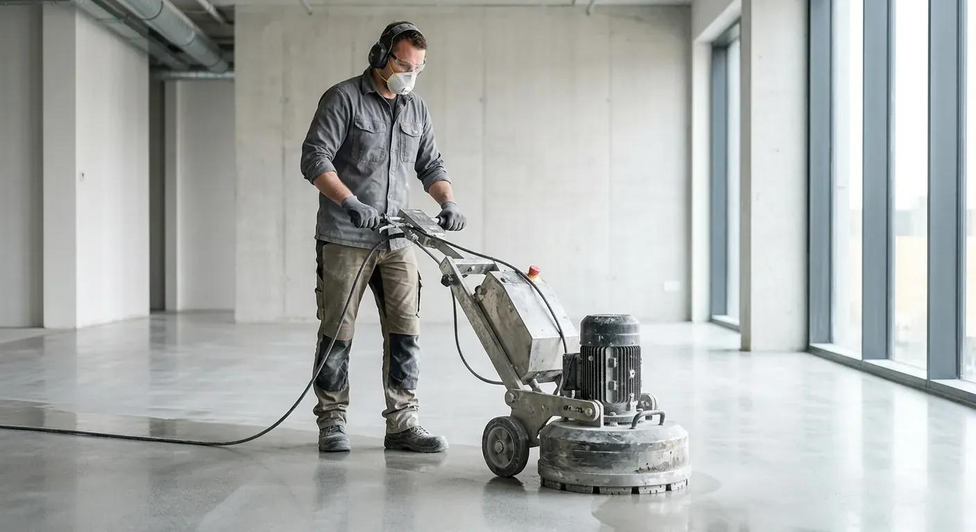 En murer som bruker en stor, profesjonell gulvslipemaskin med diamantskiver på et nylig slipt betonggulv