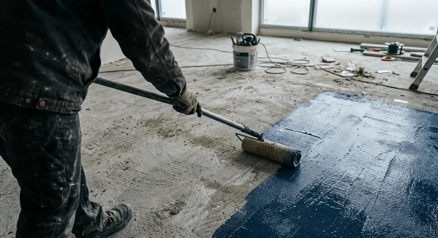 En profesjonell håndverker som påfører blåaktig primer med en stor rull på et slipt betonggulv