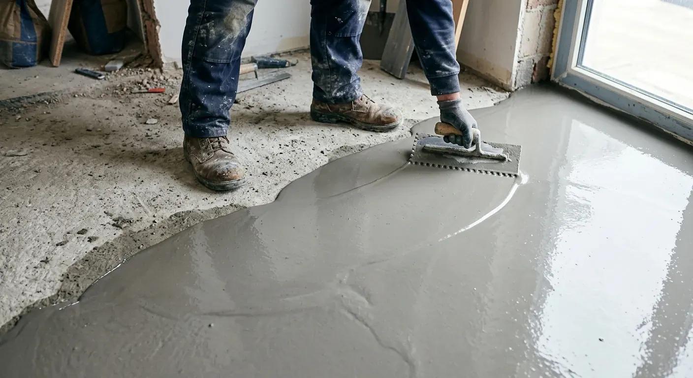 En murer i arbeidsklær som sprer flytende avrettingsmasse utover et stort gulv med en tannsparkel