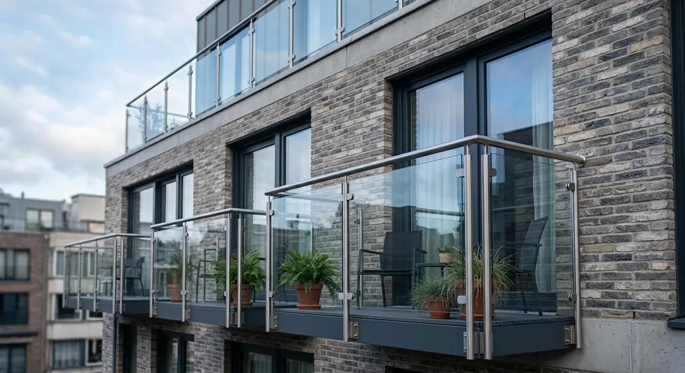 En moderne bygningsfasade med minimalistiske glassrekkverk som reflekterer dagslyset på en solrik dag