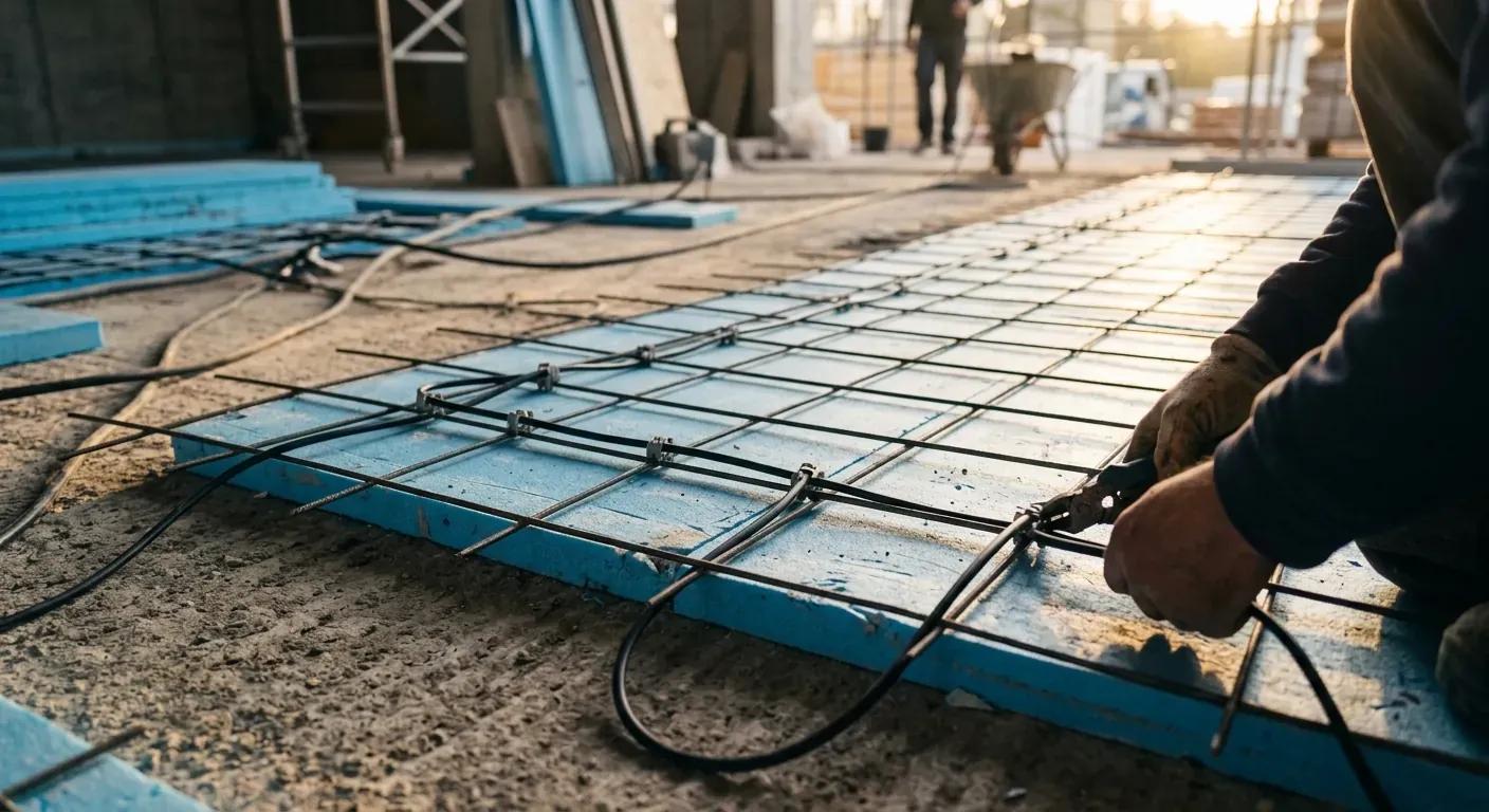 En faglært håndverker som fester svarte varmekabler til et metallgitter av armering på blå isolasjonsplater før betonghelling